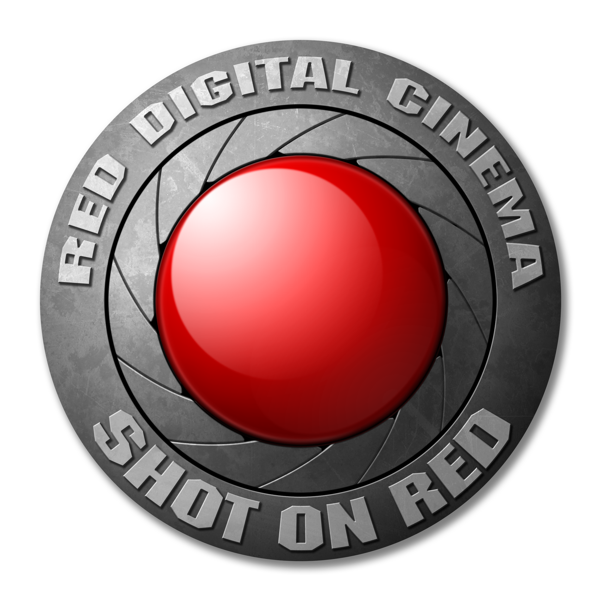 Red Camera logo featuring the text 'RED DIGITAL CINEMA' and 'SHOOT ON RED', with a large red camera shutter button in the center.