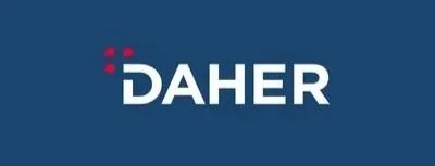 Daher logo in white and red on a dark blue background