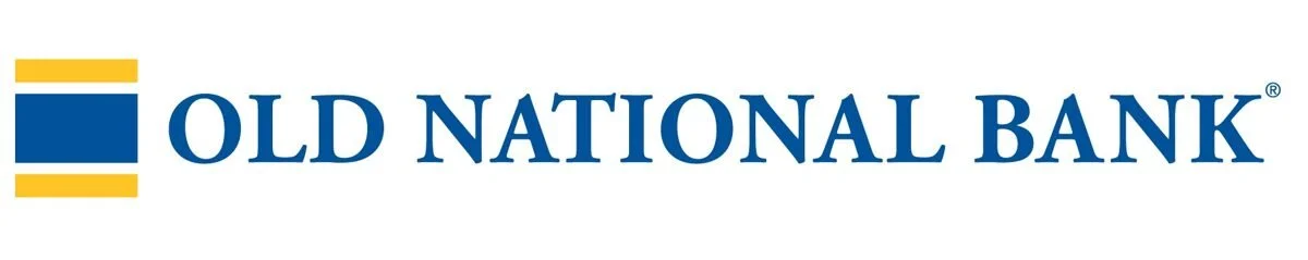 Logotipo del Old National Bank con texto azul y rayas amarillas y azules