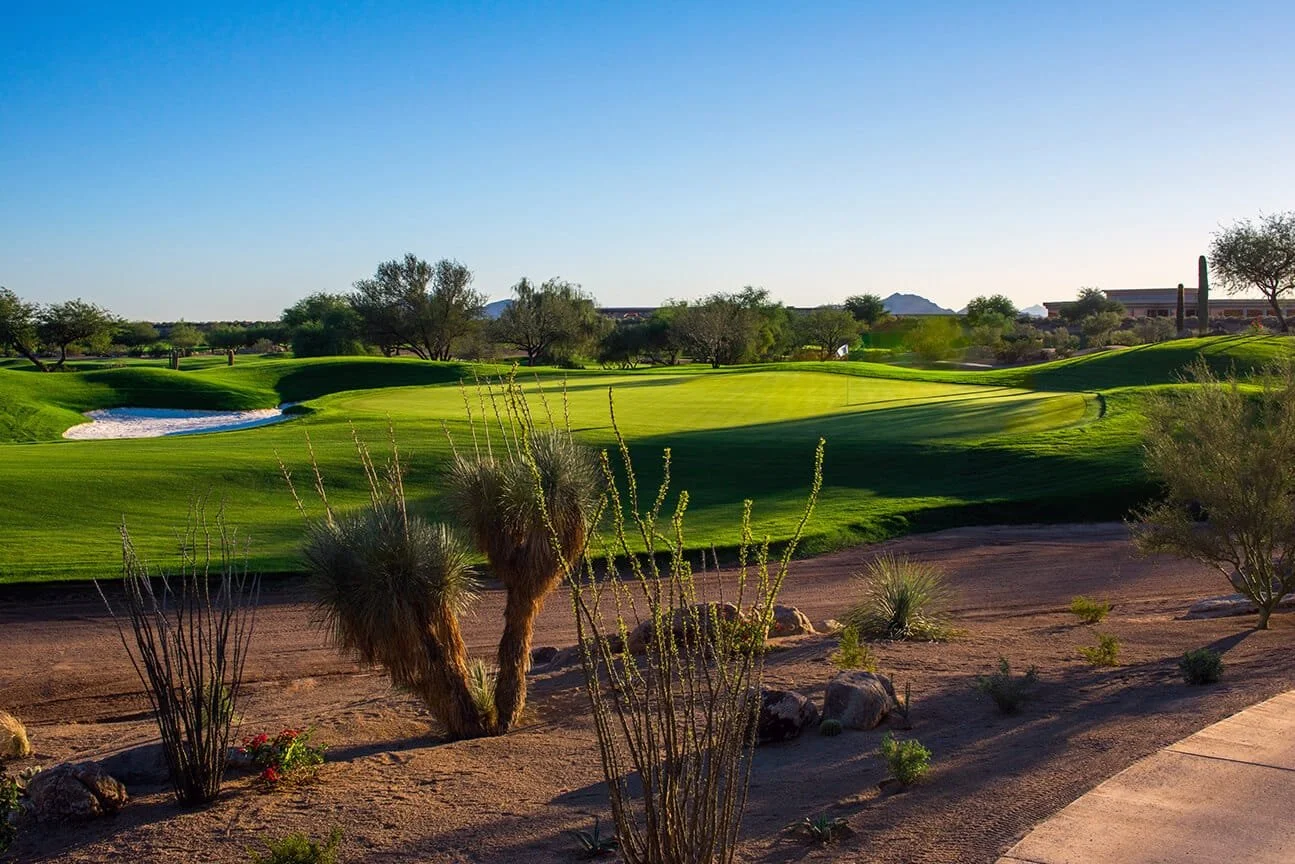 Vista panorámica de un campo de golf en un paisaje desértico con cactus y árboles ralos, calles verdes y una trampa de arena, bajo un cielo azul despejado.