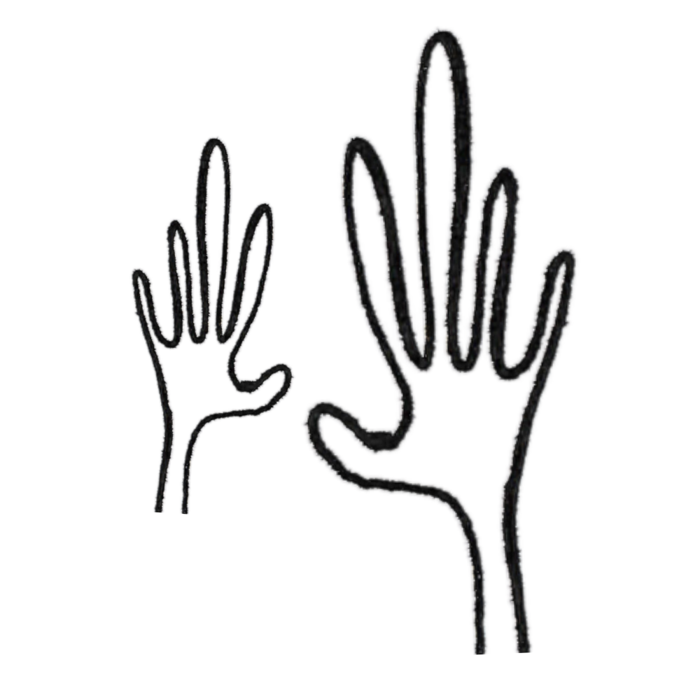 Outline illustration of two hands, one small and one large, reaching upward.