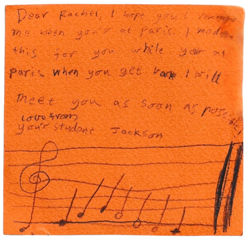 Child testimonial shown as an orange drawing
