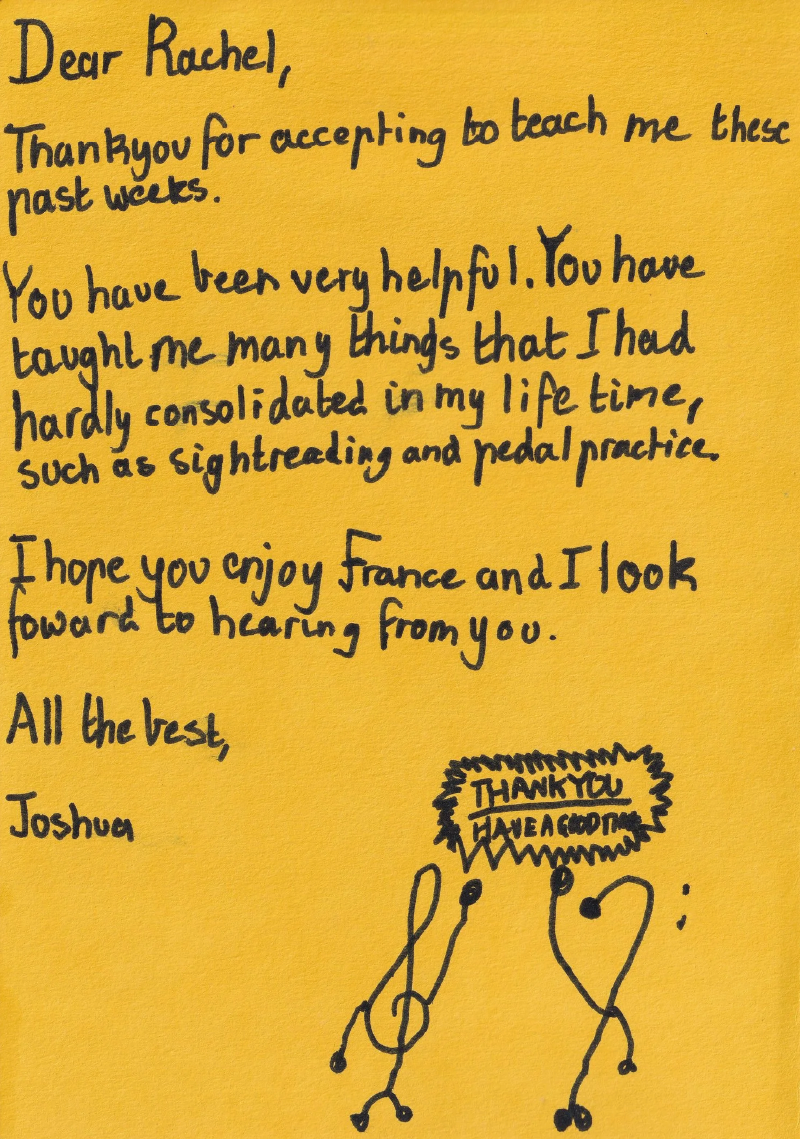 Child testimonial shown as a yellow drawing or letter