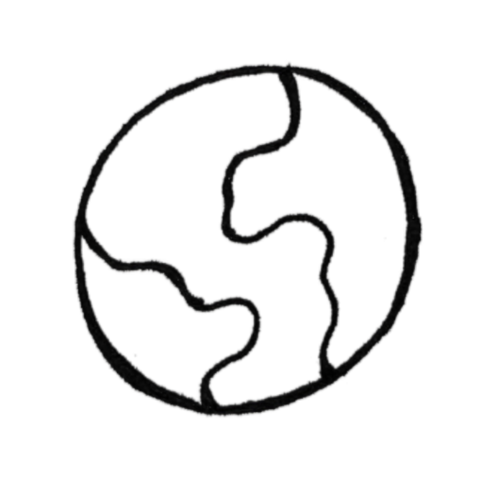 Line drawing of a simplified globe showing the continents, enclosed within a circle.