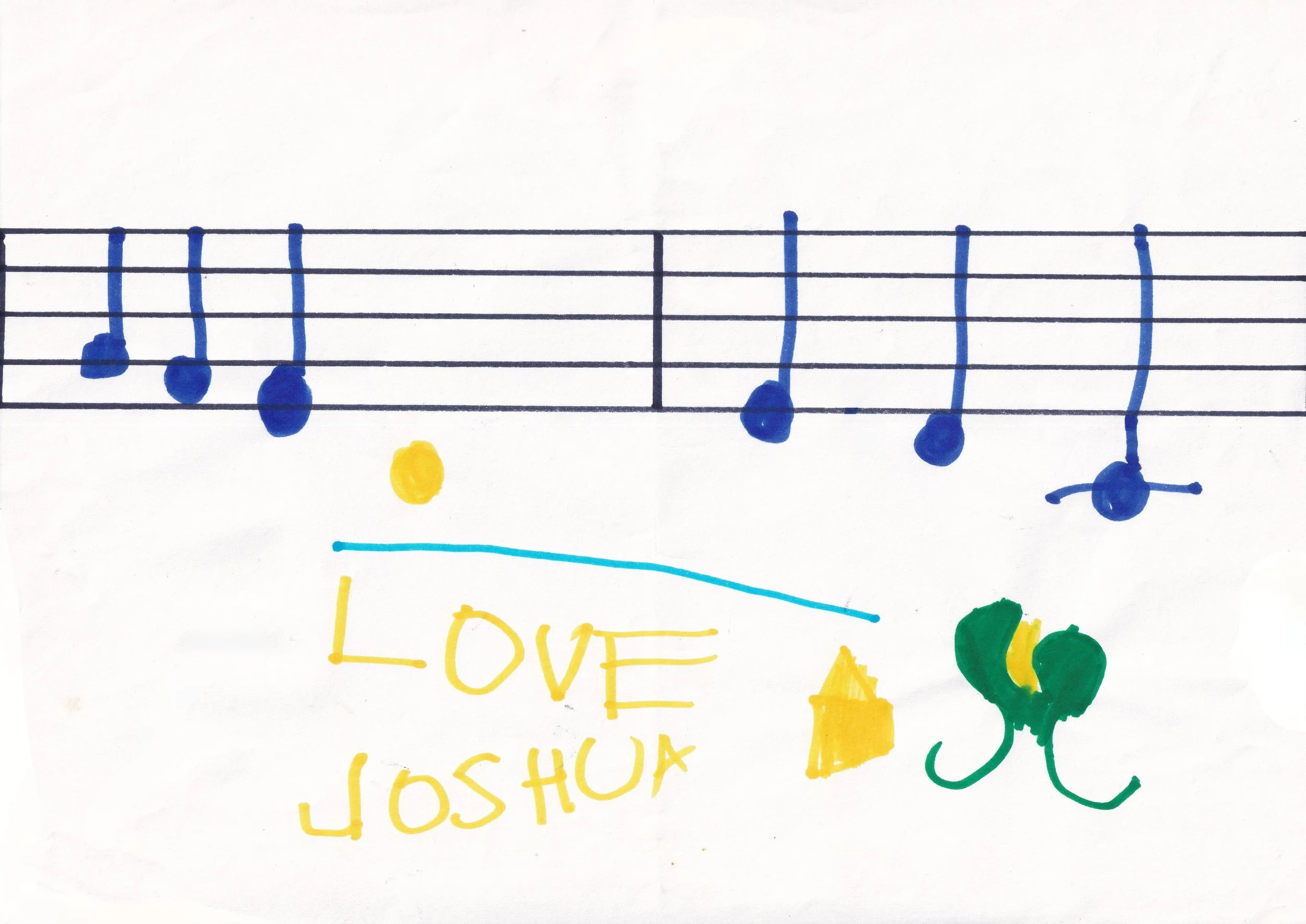 Child testimonial shown as a white drawing with music notes on stave 2