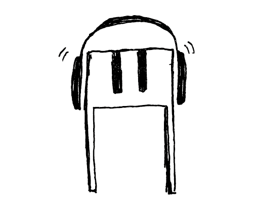 Illustration of a small piano wearing headphones, playful black-and-white sketch.