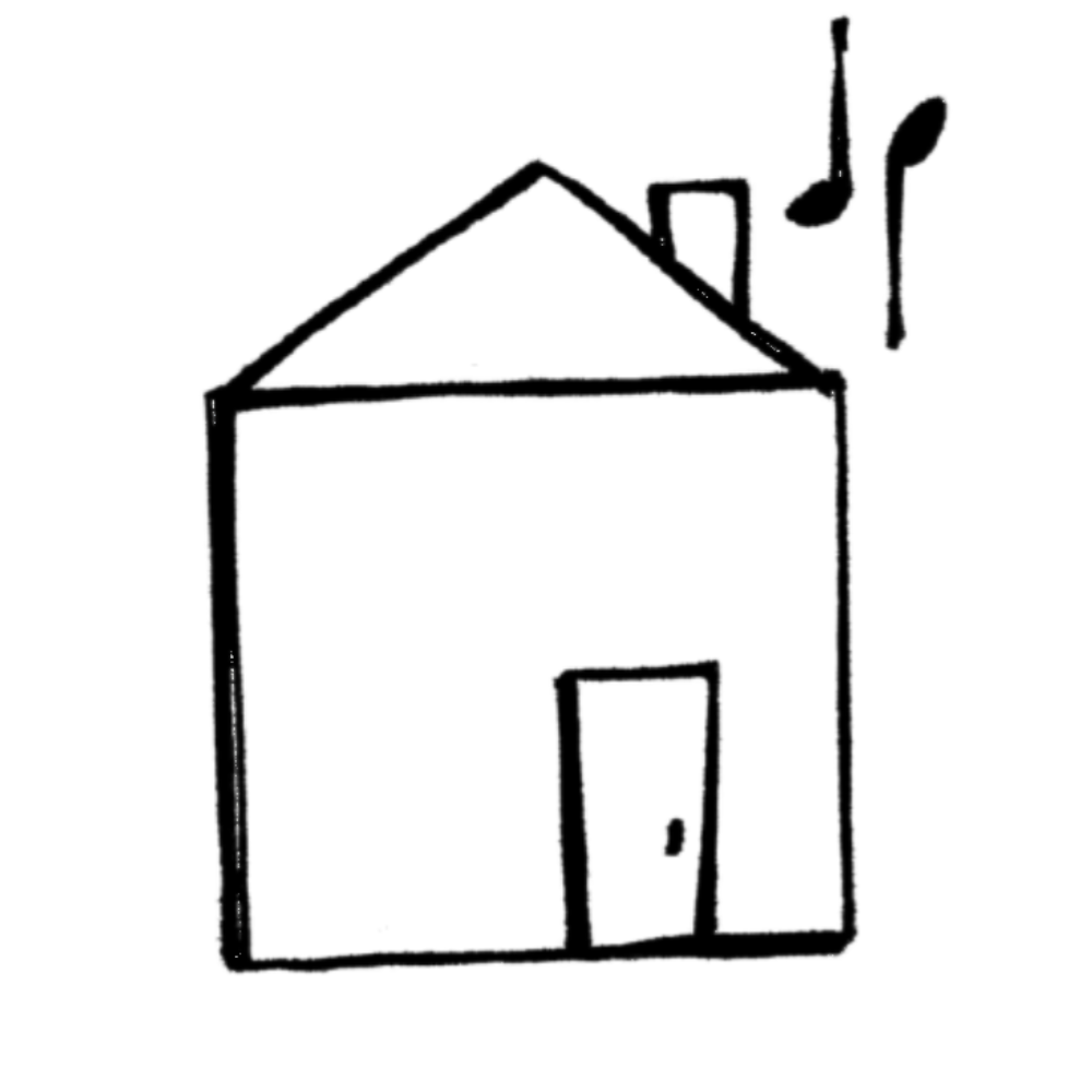 A simple black-and-white sketch of a house with a triangular roof, a rectangular door, and three musical notes rising above the house.