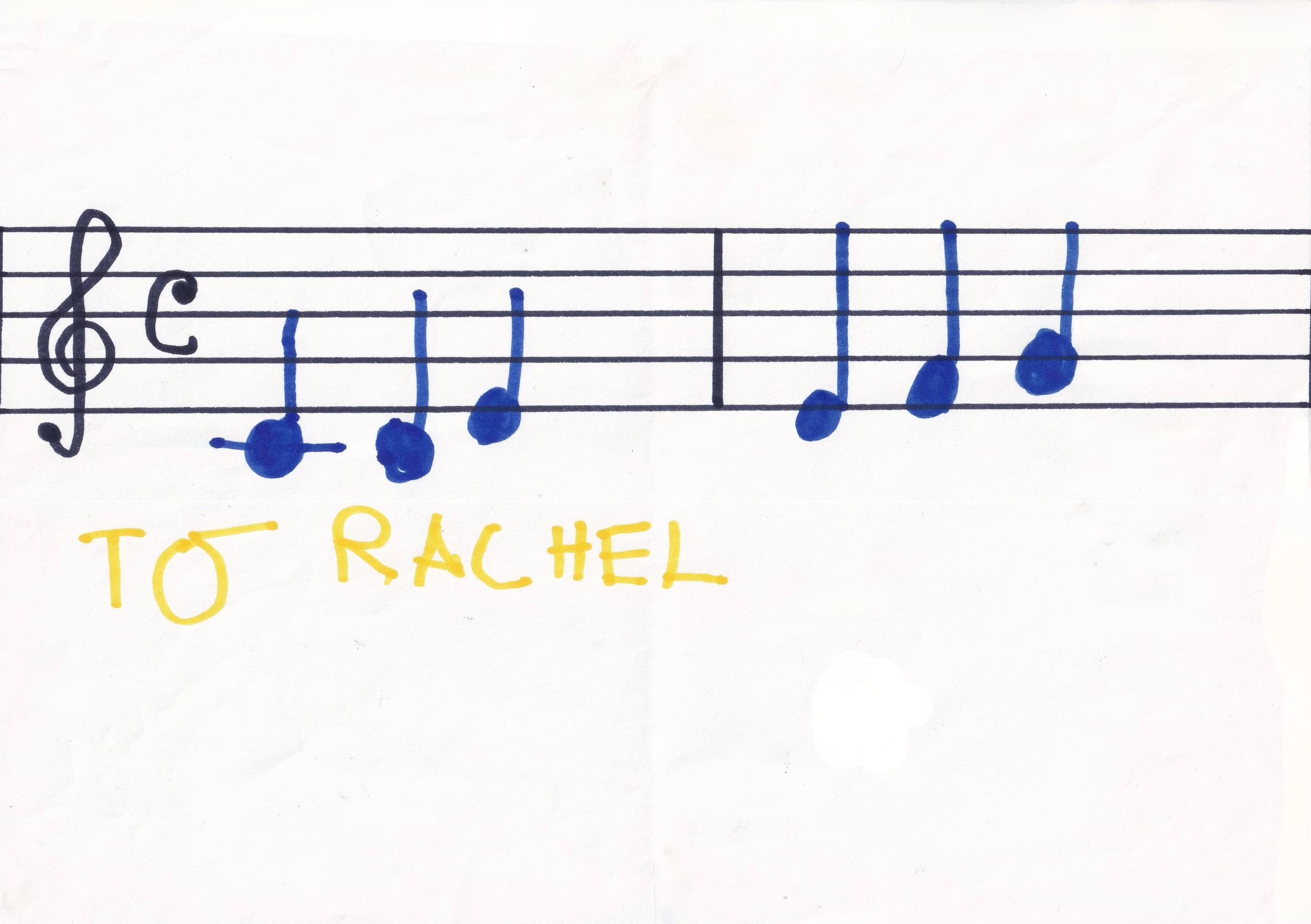 Child testimonial shown as a white drawing with music notes on stave 1