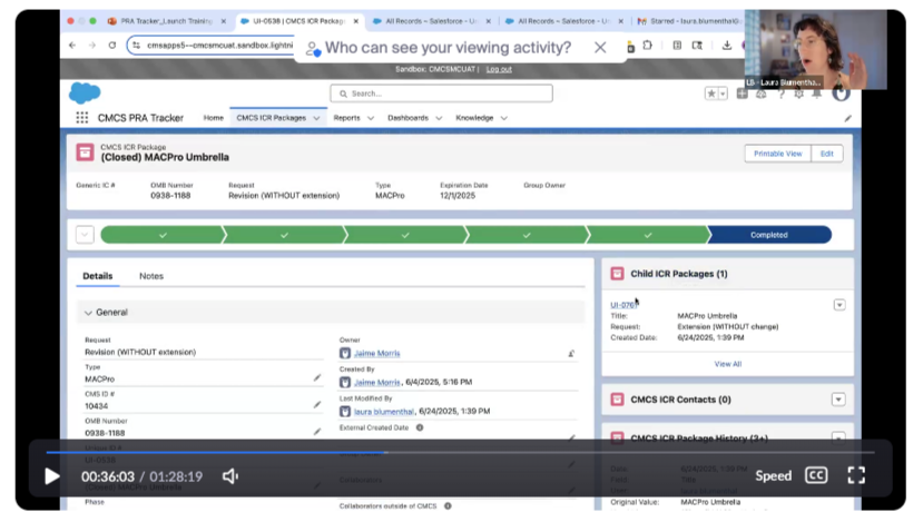 LB giving a virtual training on the tracker after launch. The Salesforce tracker and progress bar are prominently displayed on teh screen