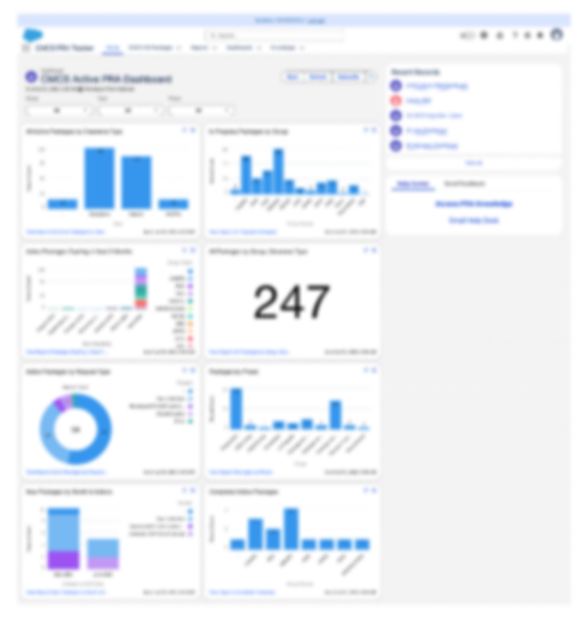 After: Salesforce automated reporting dashboard with many data visualizations on the page in blue hues