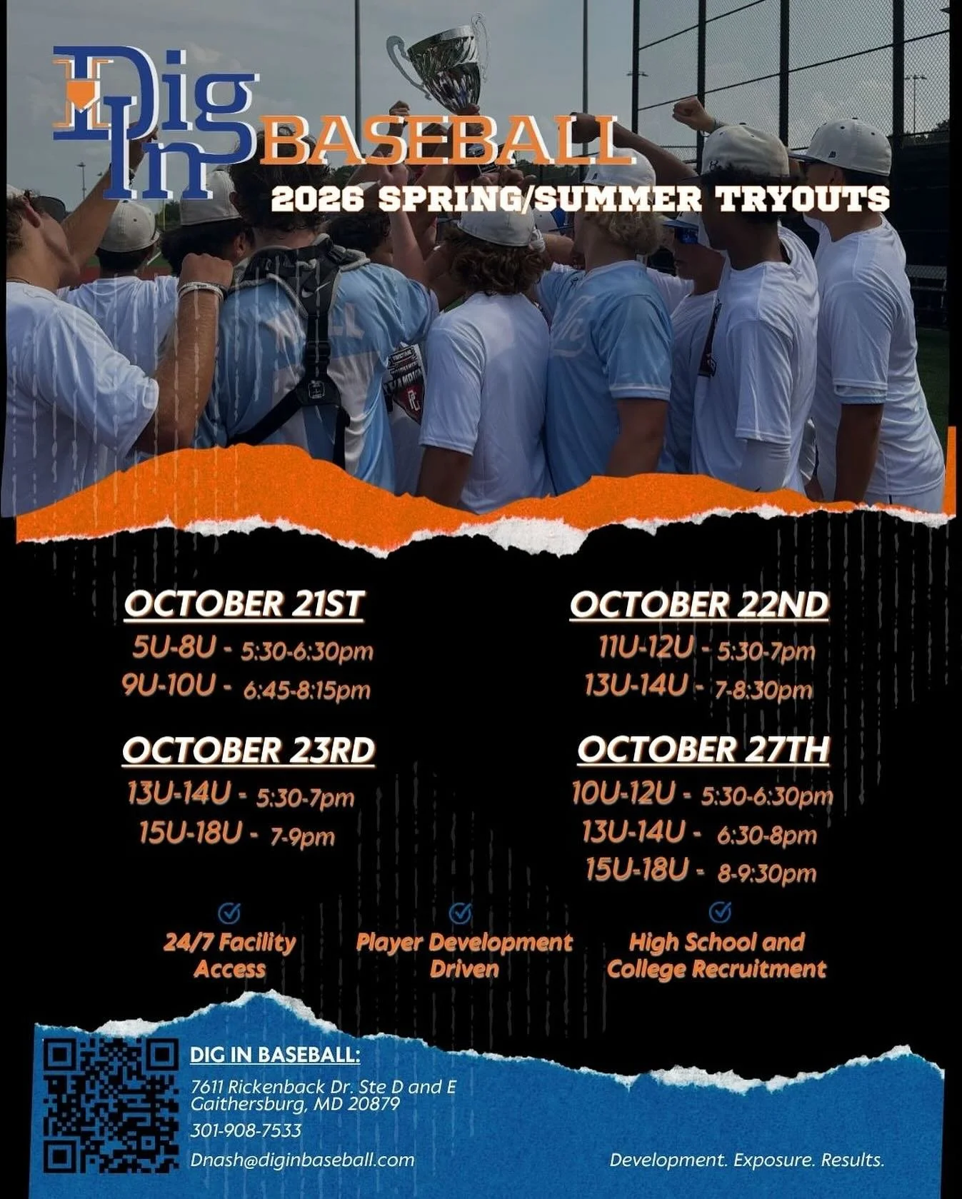 ⚾️🔷2026 Spring/Summer Tryouts🔶⚾️
🗓️October 21/22/23/27
🏡Dig In Facility in Gaithersburg, MD

Why Dig In?

⚾️Focus on Player Development (We Practice!)
⚾️Player Access to our Indoor Training Facility
⚾️Strong Leadership &amp; Coaching
⚾️Challengin
