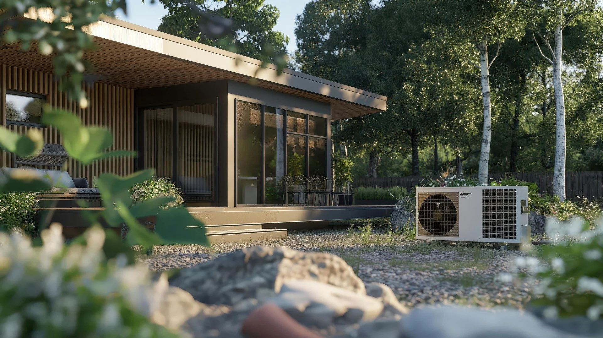 Moderne woning met stille buitenunit waar een warmtepomp subsidie op zit