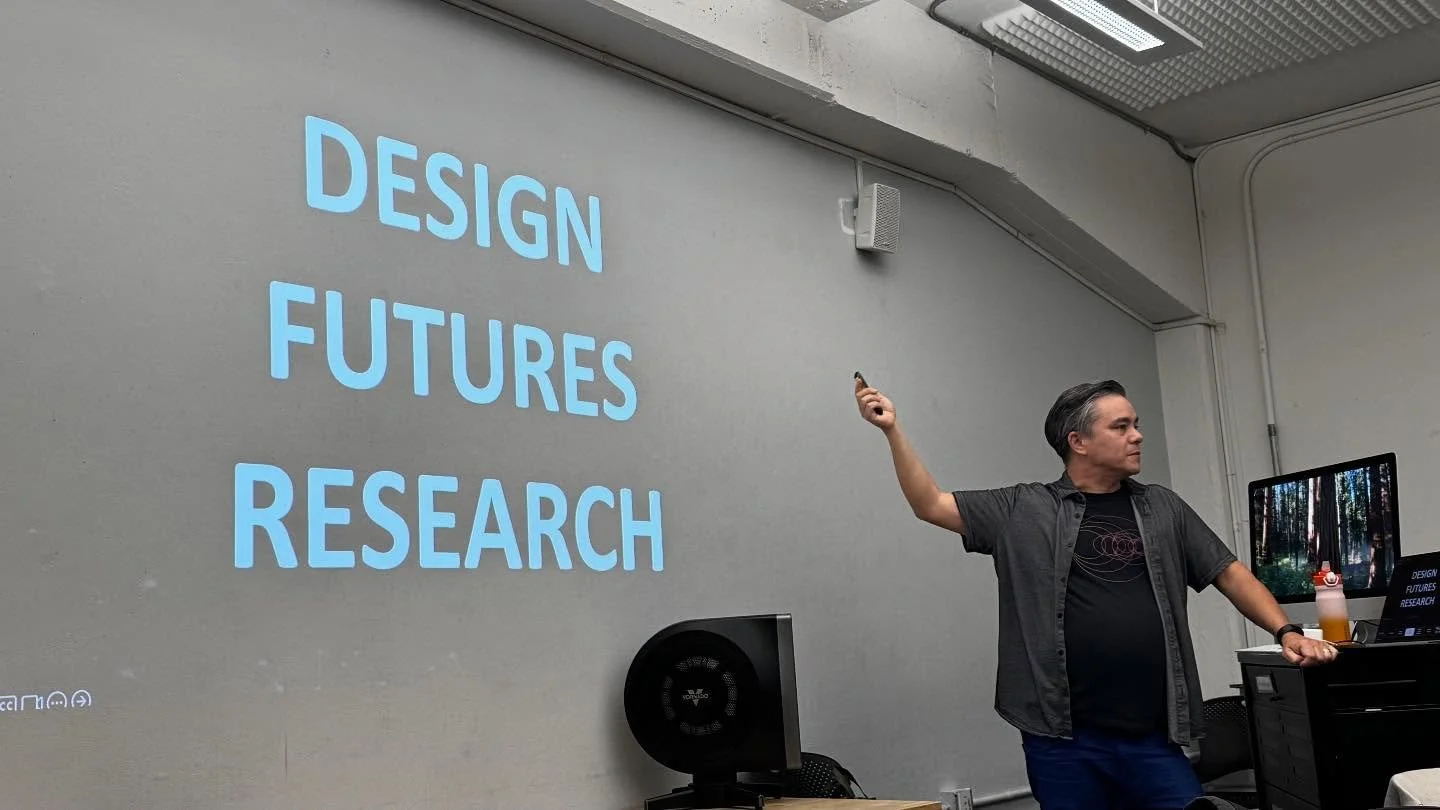 Big thanks!  Toshi Hoo, Director of the Emerging Media  Lab at the Institute for the Future shared his professional journey into embodied futures and emergent technologies strategy with my students in the MFA Design class on Speculative Design and re