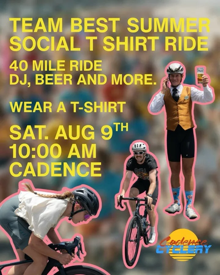 Join us THIS SATURDAY for the team best summer social t shirt ride extravaganza. 
40 mile chill paced t shirt ride, followed by beer music and much more 🪩
Rolling from cadence at 10:00am, don’t miss out 
If you ordered a team best shirt, th