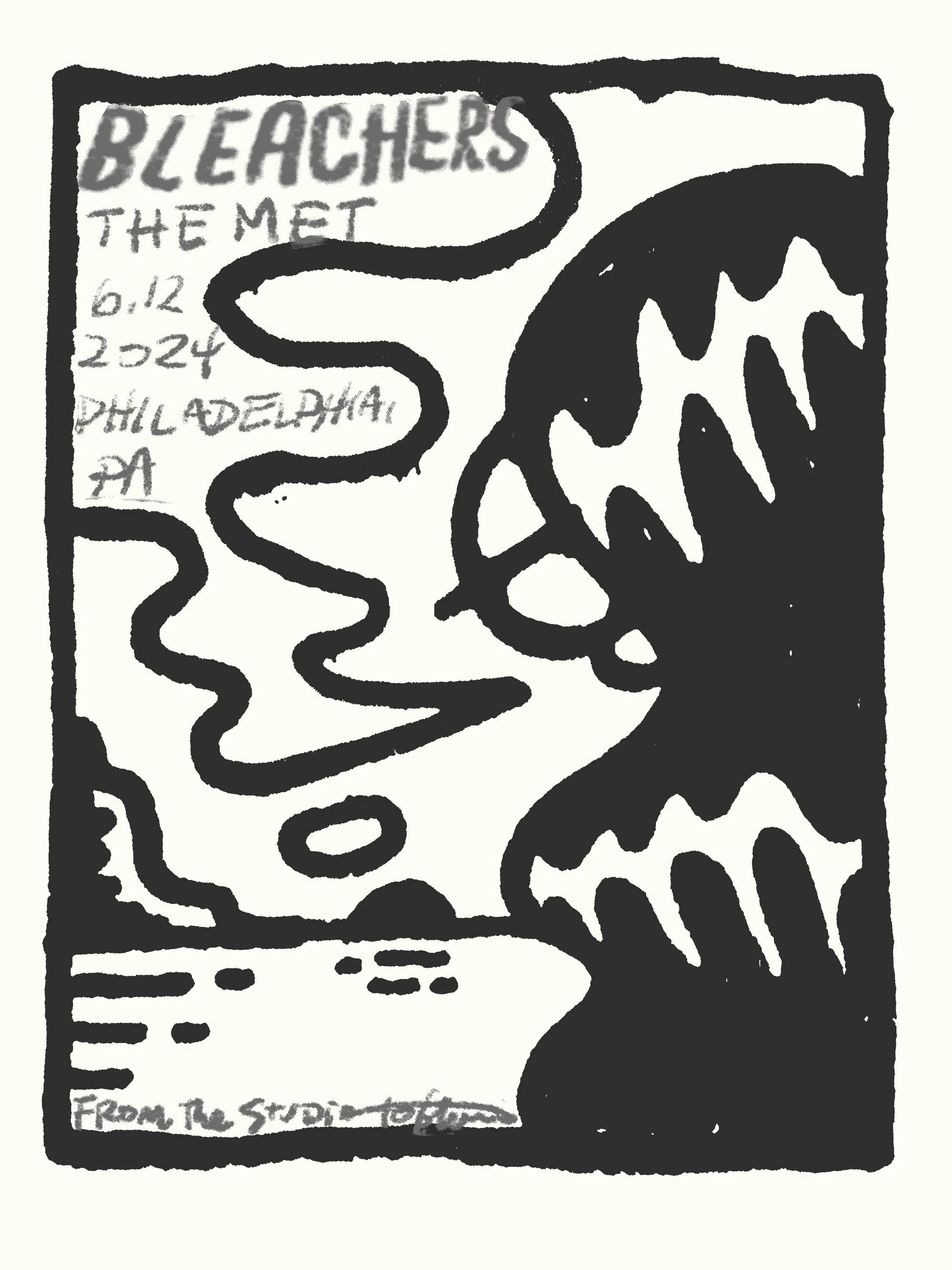 Black and white illustration with abstract shapes and handwritten text promoting a Bleachers concert at The Metro in Philadelphia on June 12, 2024.