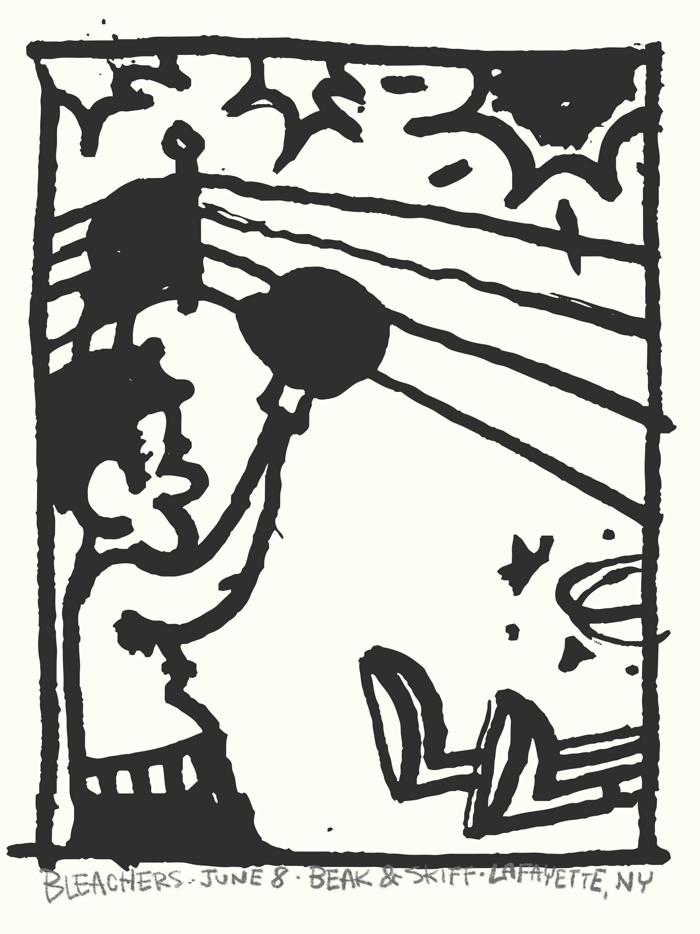 A sketch of a person sitting on a deck or porch, with birds flying overhead, a person standing near a railing, and a lawn or yard with a potted plant nearby. Text at the bottom reads 'Bleachers - June 8 - Bear & Skiff - Lafayette, NY.'