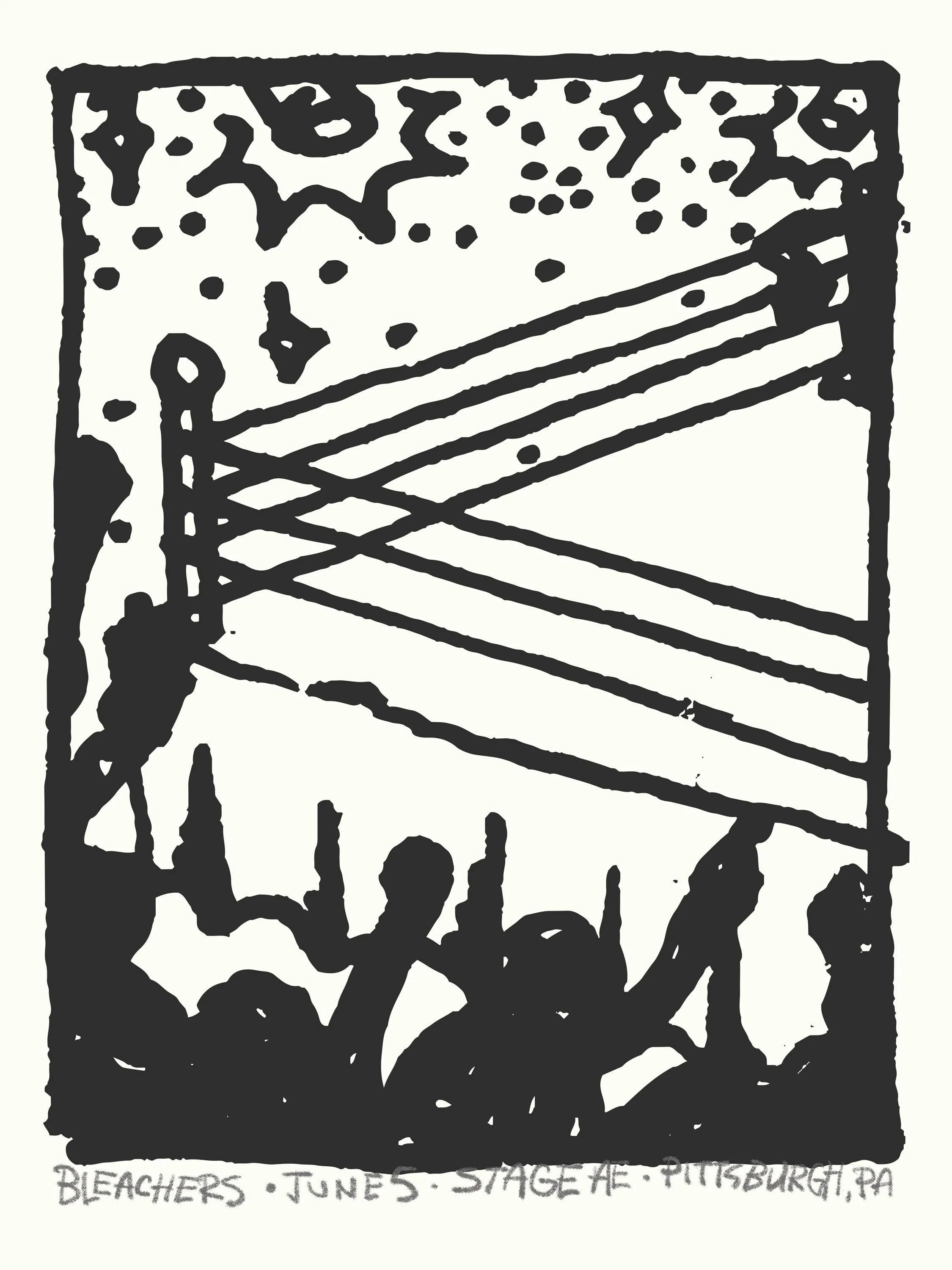 Silhouette of an audience with some holding up their hands, watching a stage with ropes stretching across, labeled as 'Beachers, June 5, Stage A, Pittsburgh, PA'.