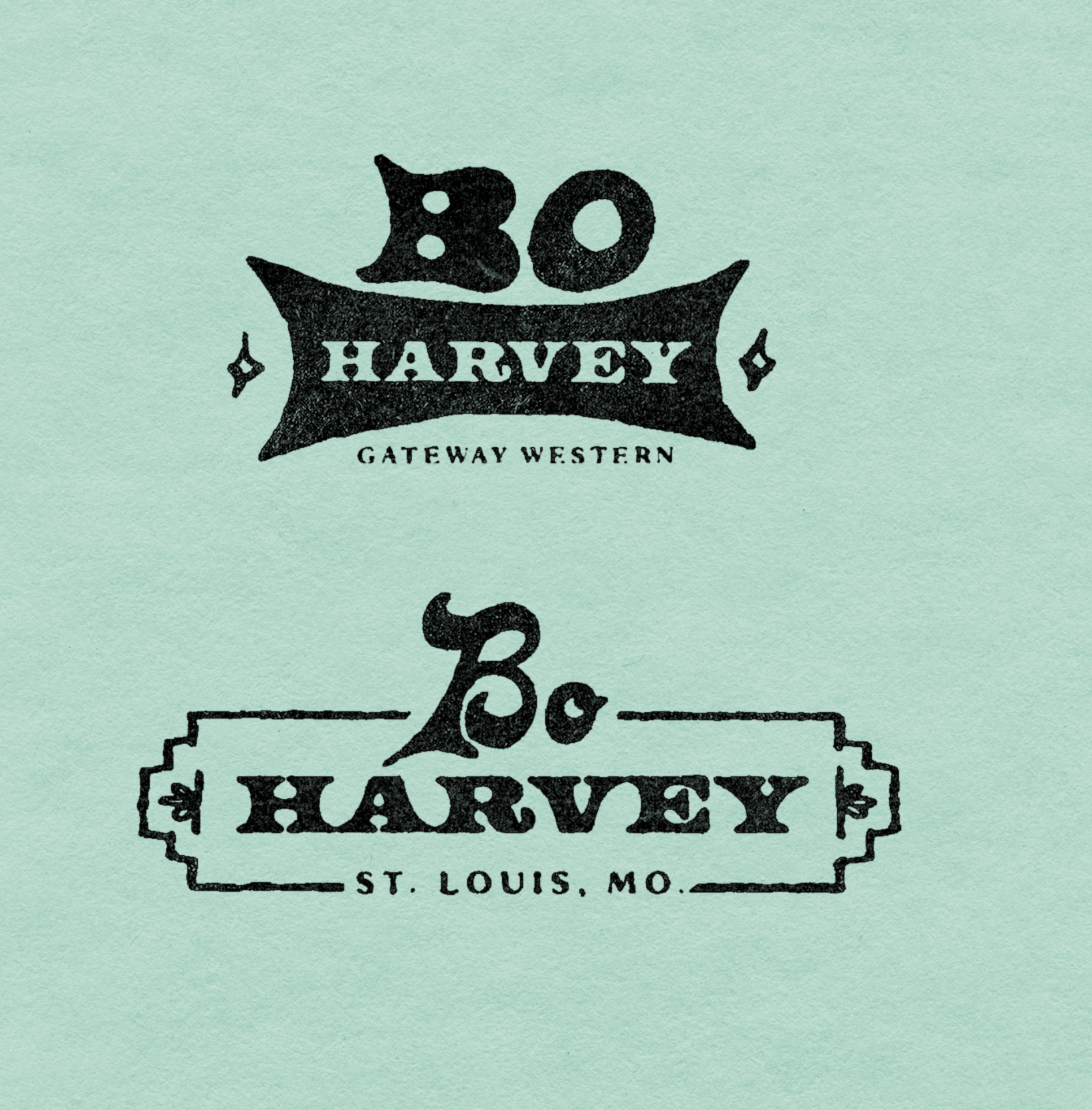 Two vintage-style logos for Bo Harvey against a light green background. The top logo features the text "Bo Harvey" with "Gateway Western" underneath, in black. The bottom logo also reads "Bo Harvey" with "St. Louis, Mo." beneath, enclosed in a rectangular decorative border.