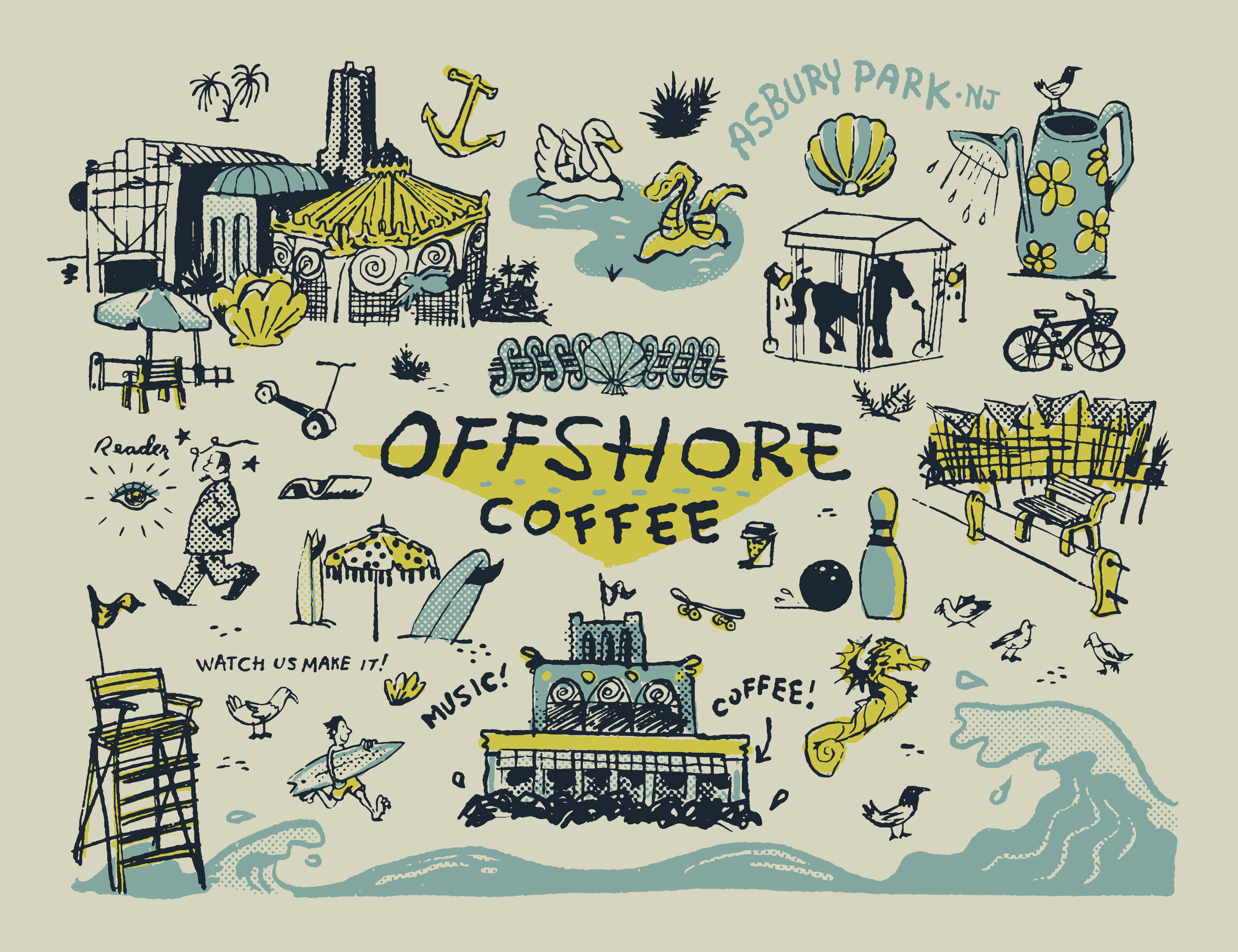 Illustration of an outdoor scene at Off Shore Coffee in Asbury Park, NJ, with drawings of swans in a pond, a bicycle, a lifeguard chair, a lifebuoy, a skateboard, a crowd, a palm tree, a bench, a beach umbrella, a waterfront building, birds, a seahorse, and other seaside-themed elements.