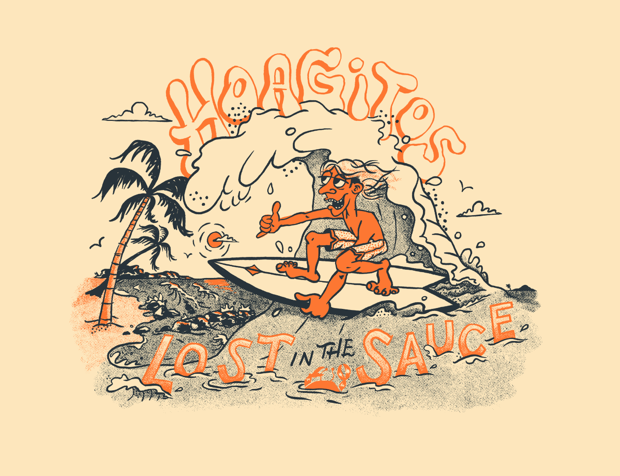 A cartoon illustration of a person surfing a wave with a sun in the sky, palm trees, birds, and clouds in the background. The text reads 'Hawaiis Lost in the Sauce.'