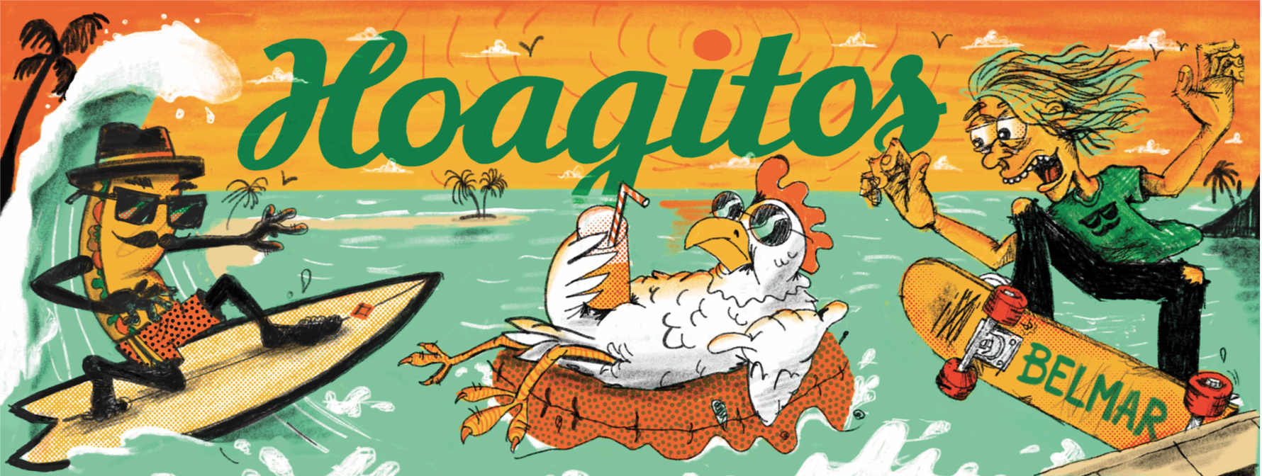 Colorful illustration of a beach scene featuring a cartoon pineapple surfing on a wave, a rooster lounging in an inflatable pool with sunglasses and a drink, and a woman on a skateboard with a "Belmar" logo skateboard and wild hair, with a sunset, palm trees, and seagulls in the background.