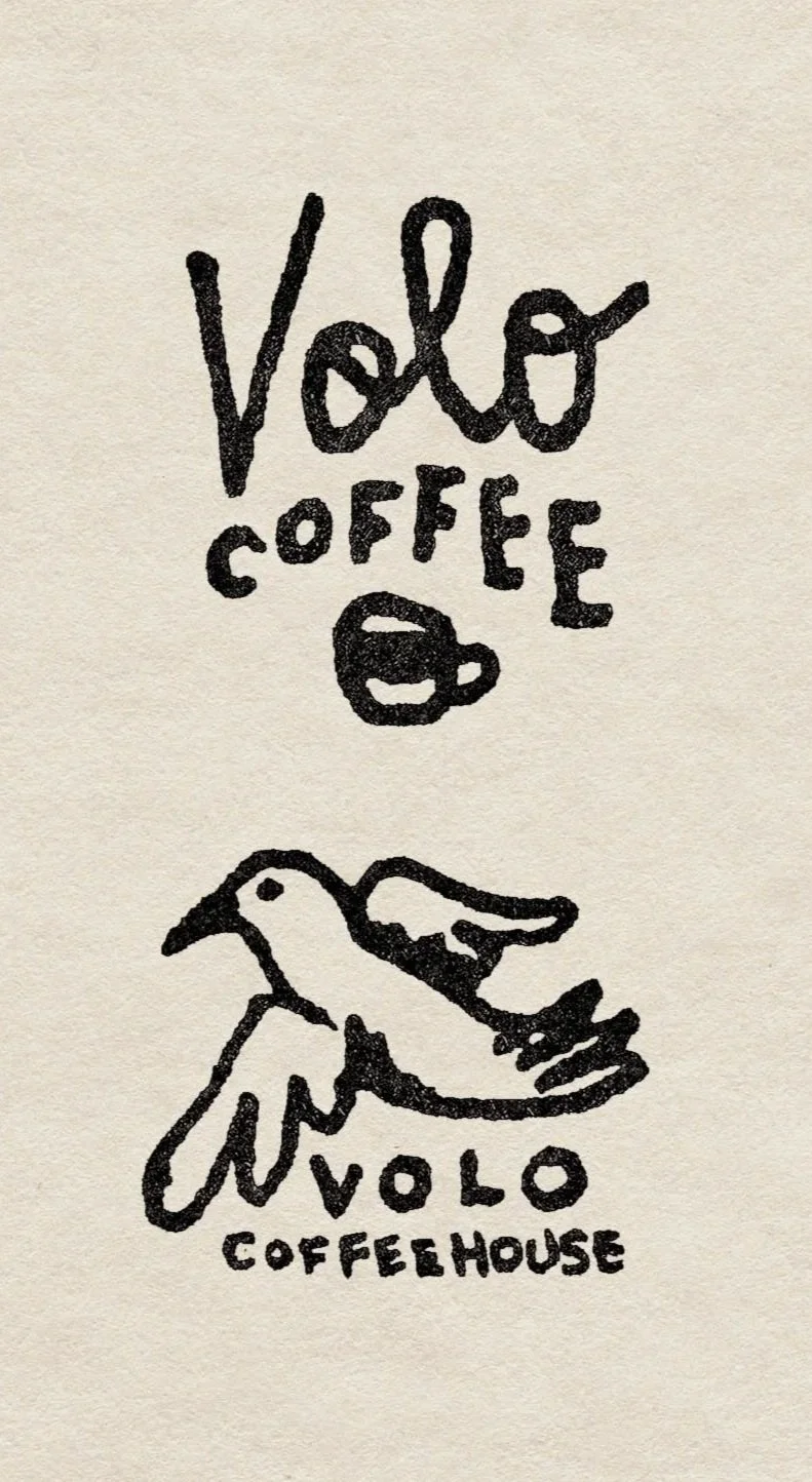 Hand-drawn logo for Volo Coffee with a bird illustration and the words 'Volo Coffee' and 'Nolo Coffeehouse' on a cream background.