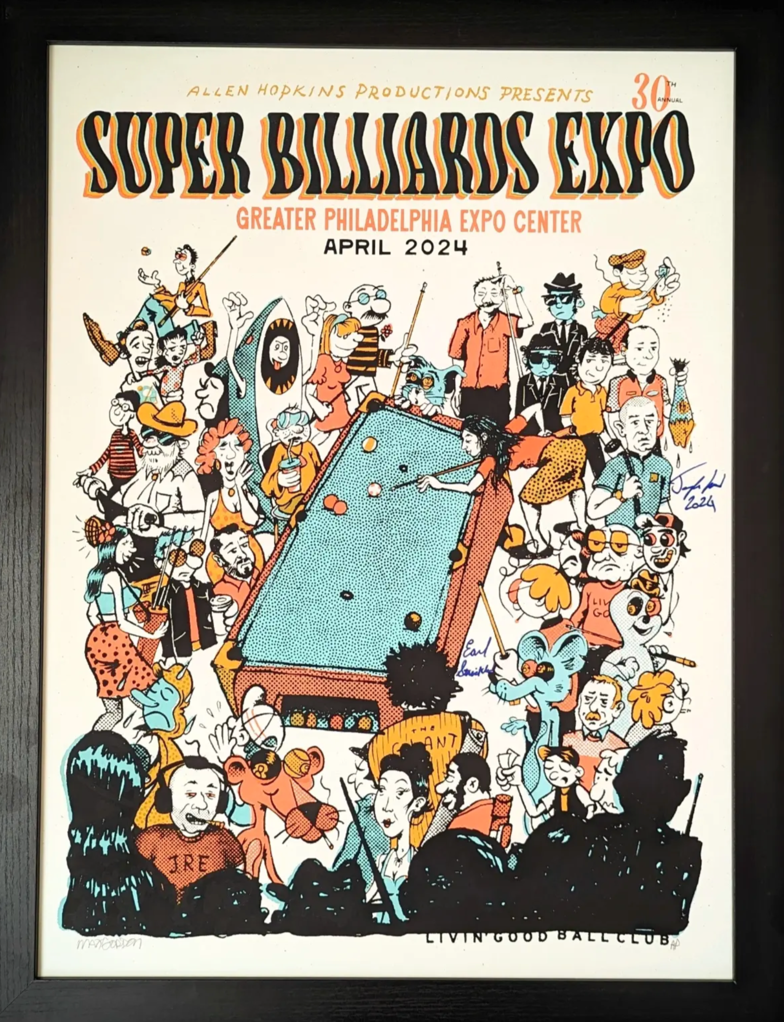 Poster for Super Billiards Expo, Philadelphia, April 2024, featuring cartoon illustrations of people playing and watching billiards, with a pool table in the center.
