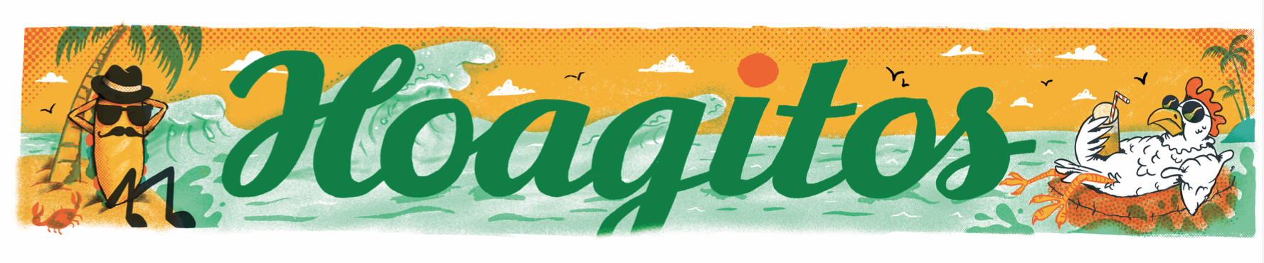 Beach scene with the word 'Hawaii' in large green letters; background features palm trees, waves, a setting sun, and animals: a cartoon pineapple character with sunglasses relaxing under palm trees, a crab by the shore, and a flamingo lounging on a float with sunglasses and a drink.