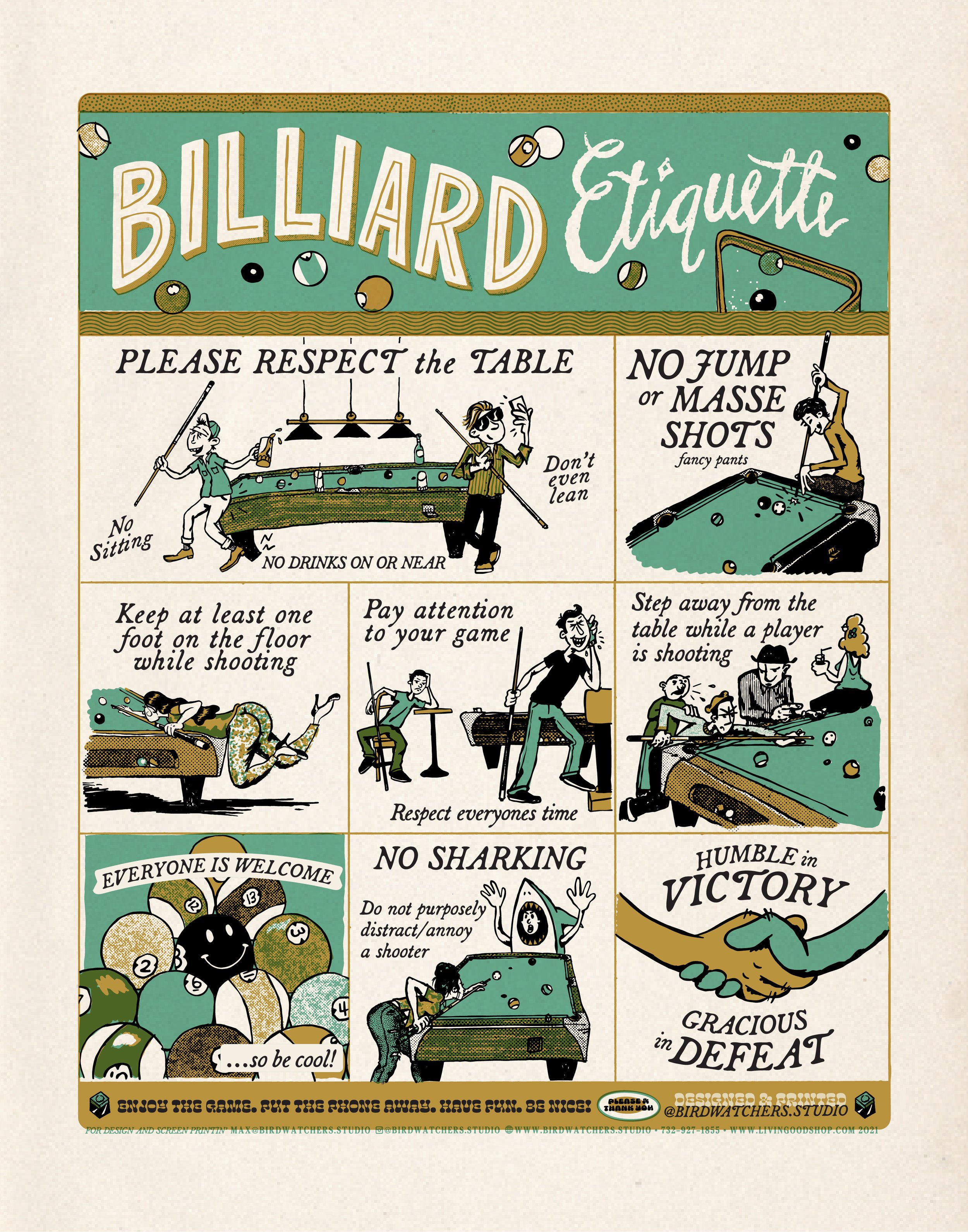 A humorous illustrated poster with etiquette rules for billiards, including respectful behavior, safety tips, and sportsmanship principles.