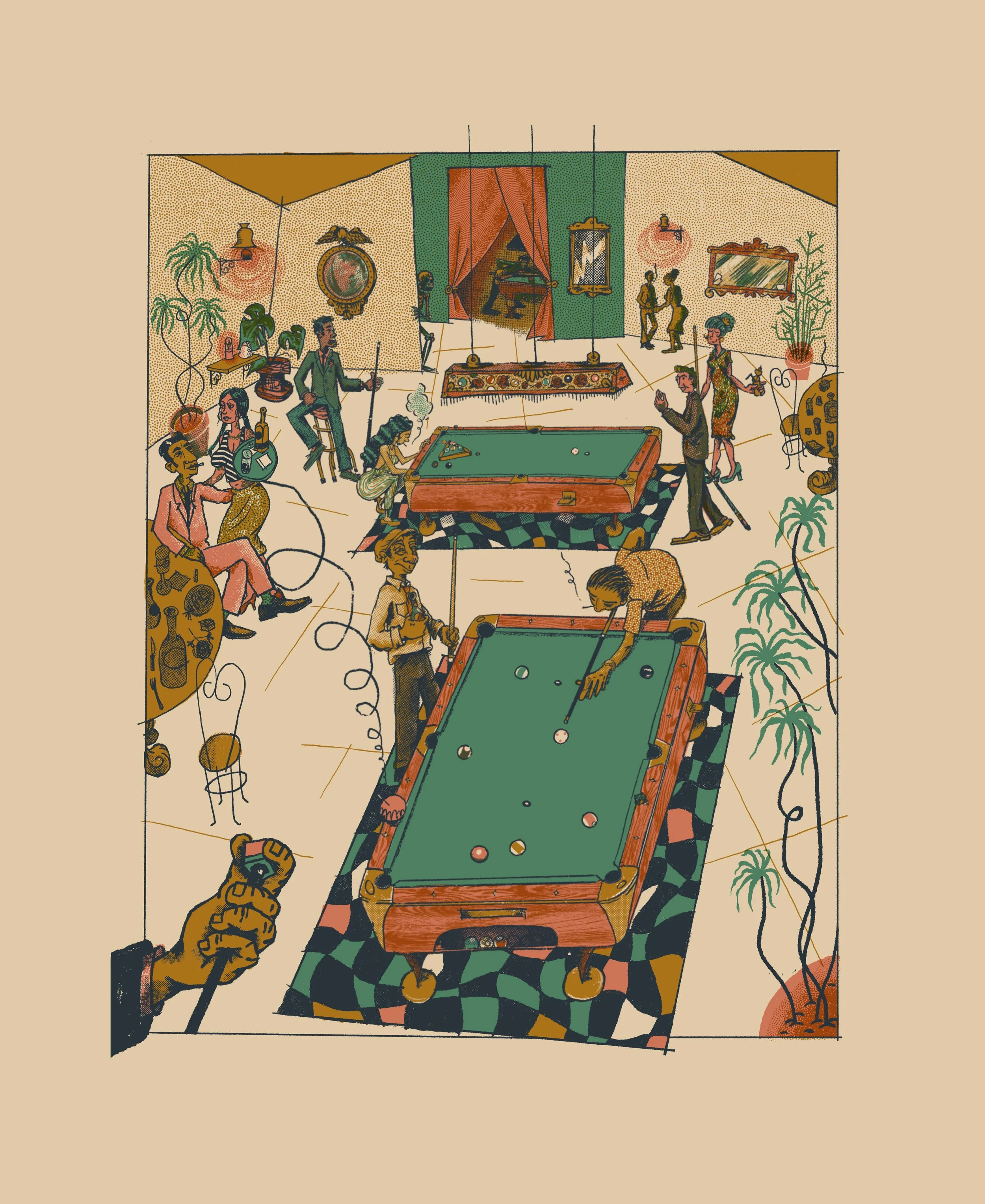 An illustration of a lively game of pool with several people in a vintage-themed room, decorated with plants, paintings, and a carpet.
