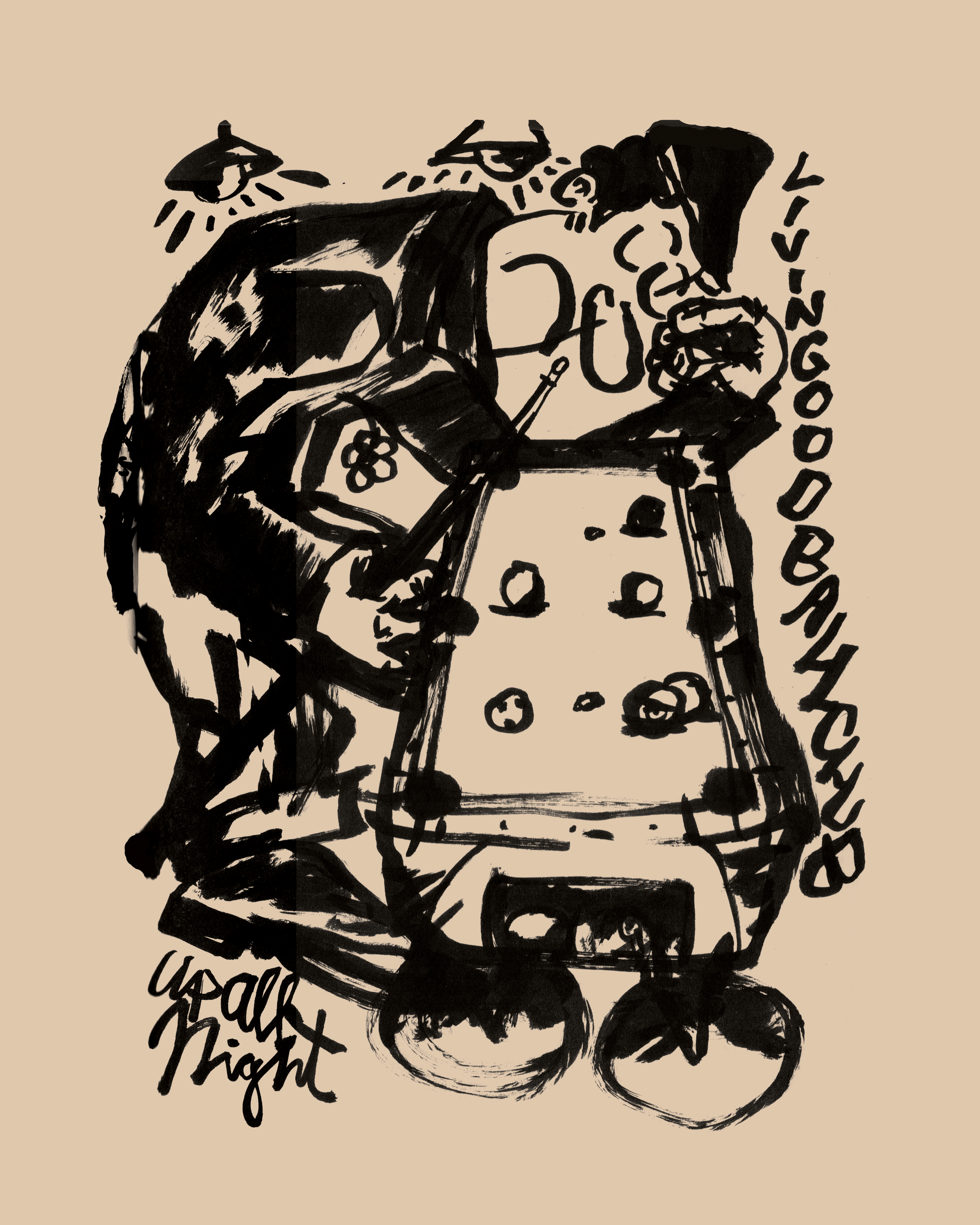 Black and white sketch of a person playing pool, with the text 'Living Good' and 'Up All Night' around the image.