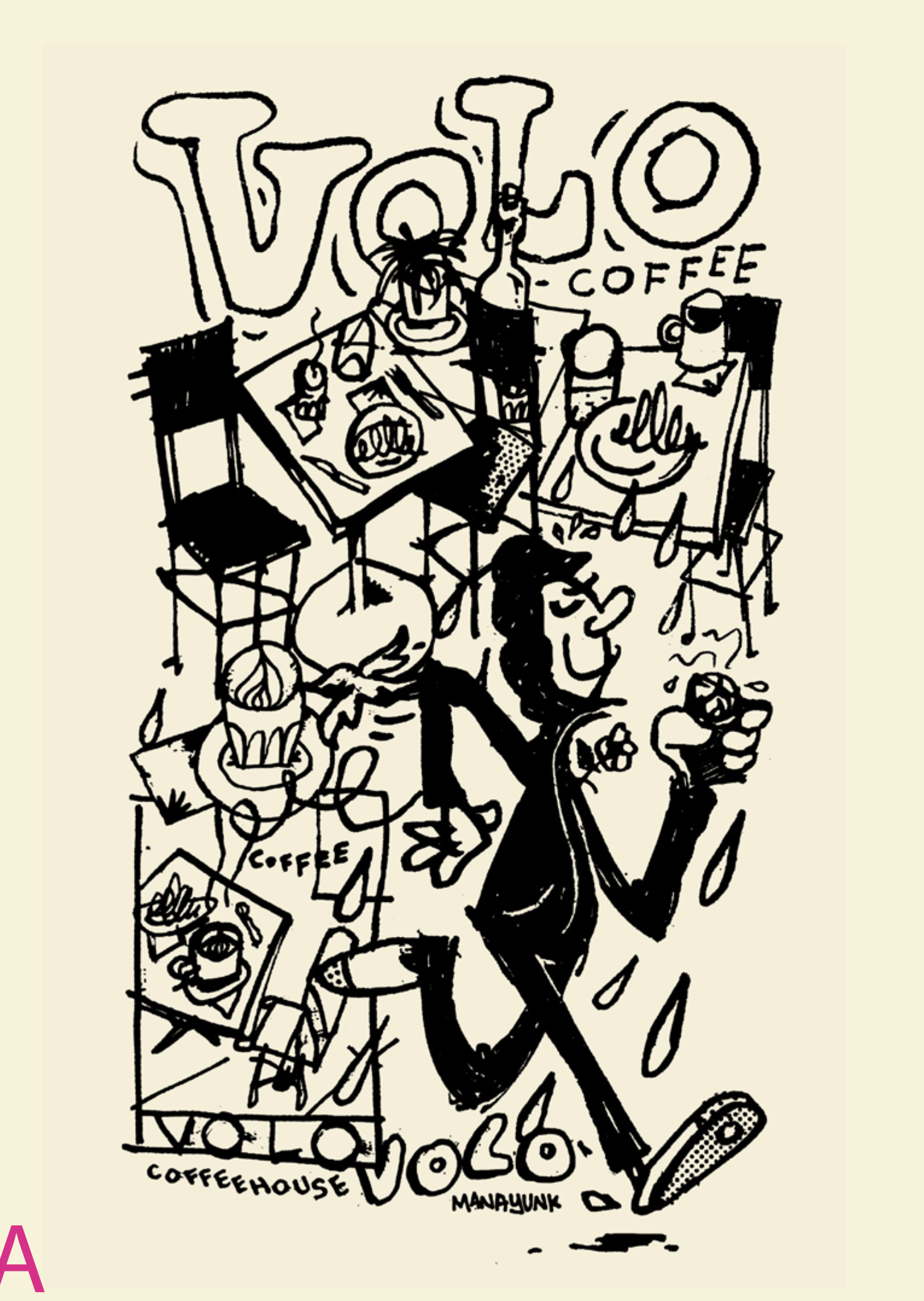 A black and white line drawing of people enjoying coffee at a coffeehouse, with some holding cups and a man on the left speaking loudly.