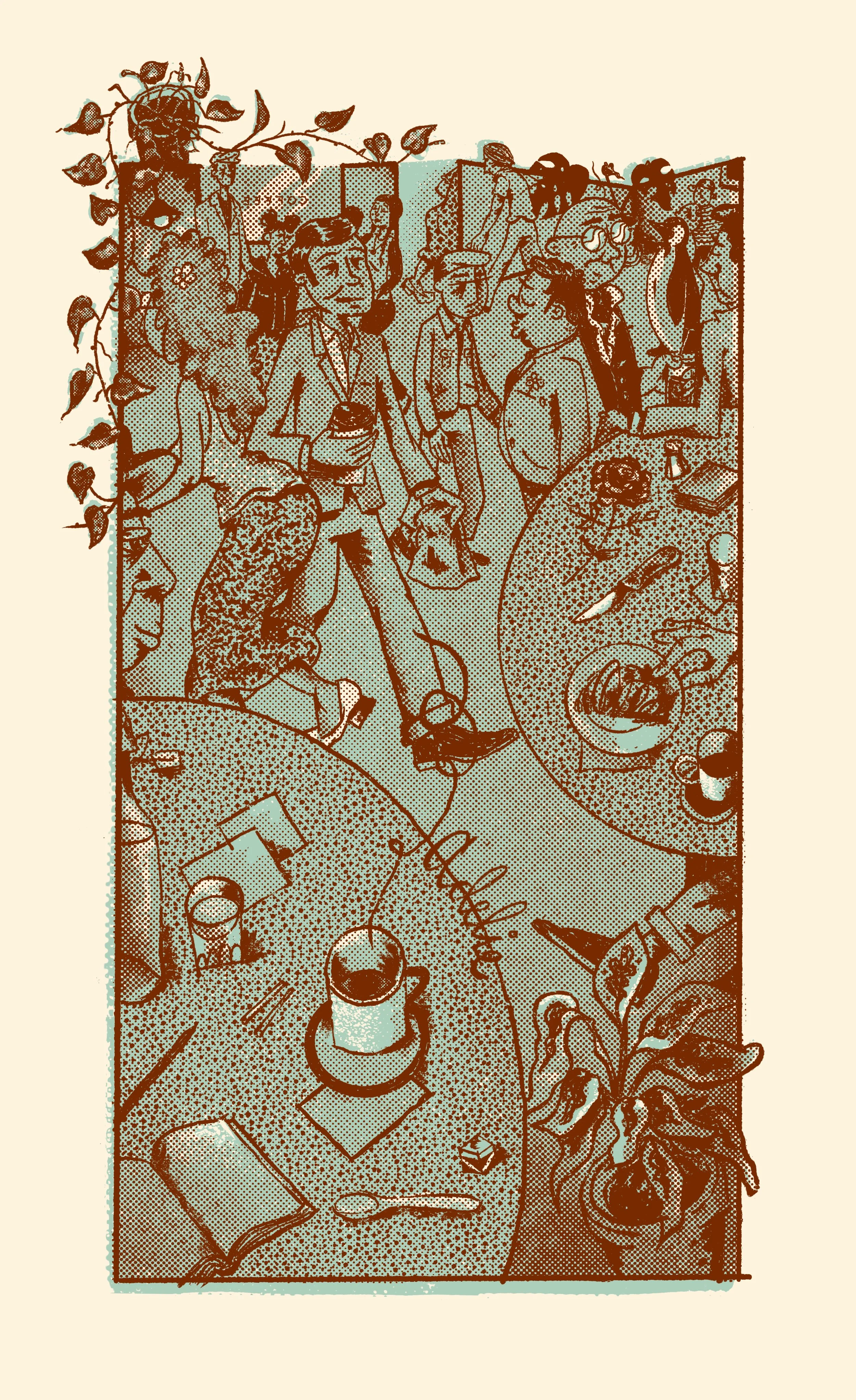 People gathered around tables at a restaurant or café, eating and talking, with food, drinks, and utensils on the tables, and decorative plants and artwork on the walls.