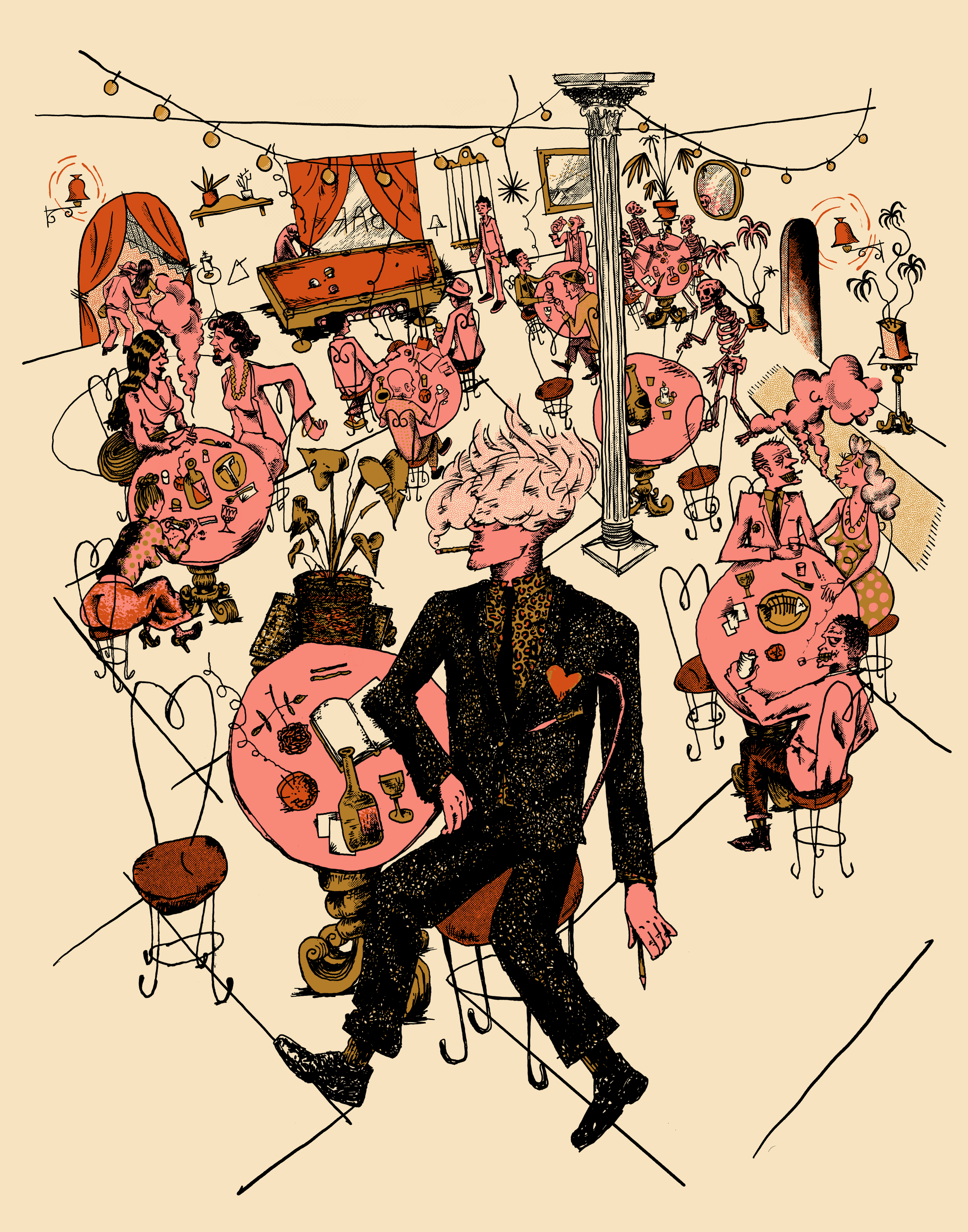 Illustration of a lively party in a decorated indoor space with guests sitting at round tables, a person with fluffy hair sitting in the foreground, and a foosball table in the background, decorated with string lights and plants.