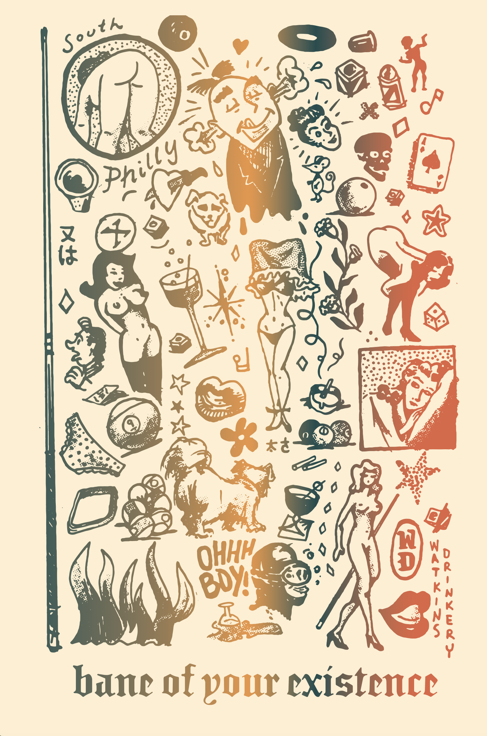 A collage of various personified objects, whimsical sketches, and pop culture references with the phrase 'bank of your existence' at the bottom.
