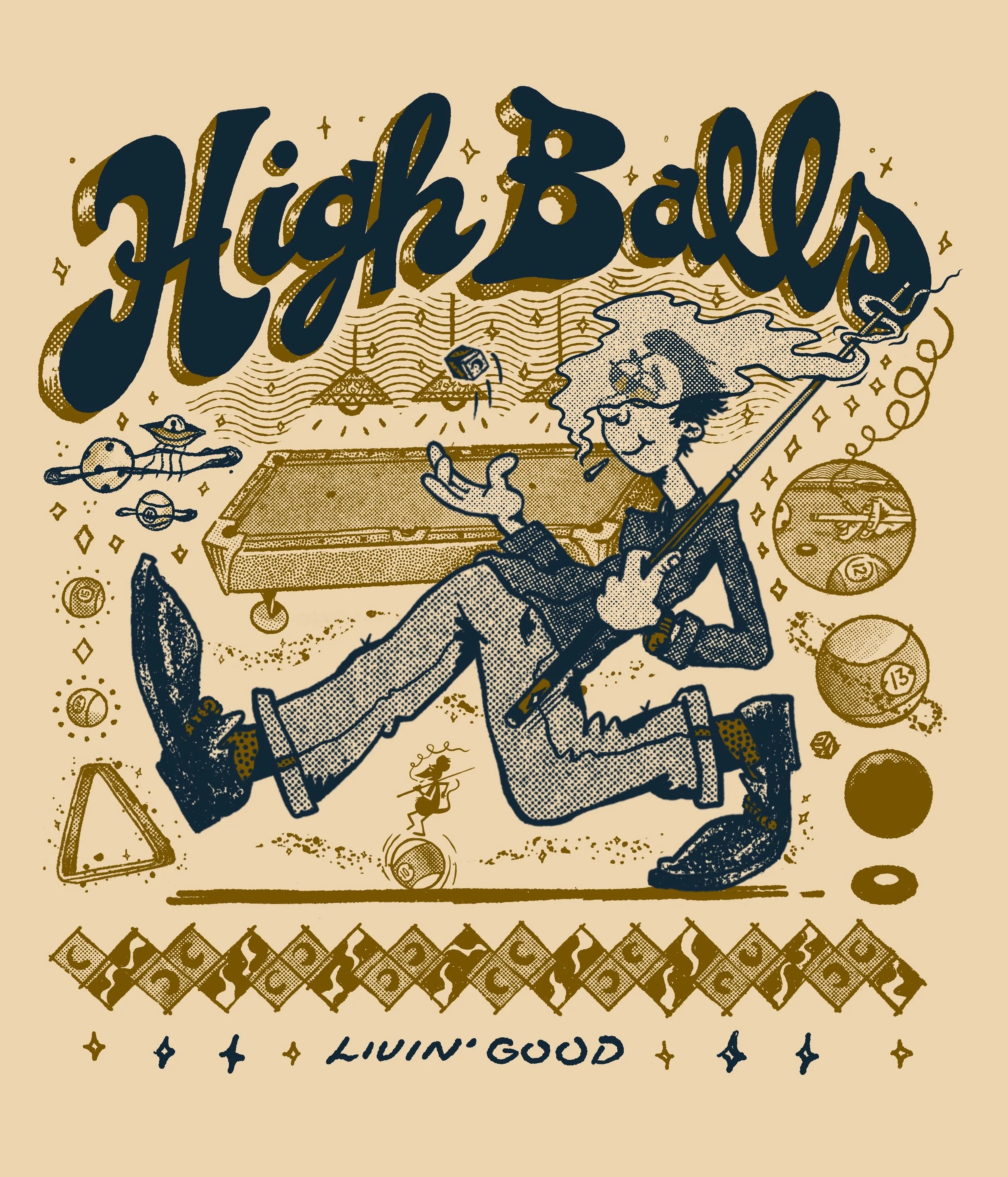  Illustration of a person with curly hair, wearing glasses, sitting cross-legged, holding a fishing rod, surrounded by lotto balls, chess pieces, and playful elements, with the phrase 'High Ballin'' at the top and 'LIVIN' GOOD' at the bottom.