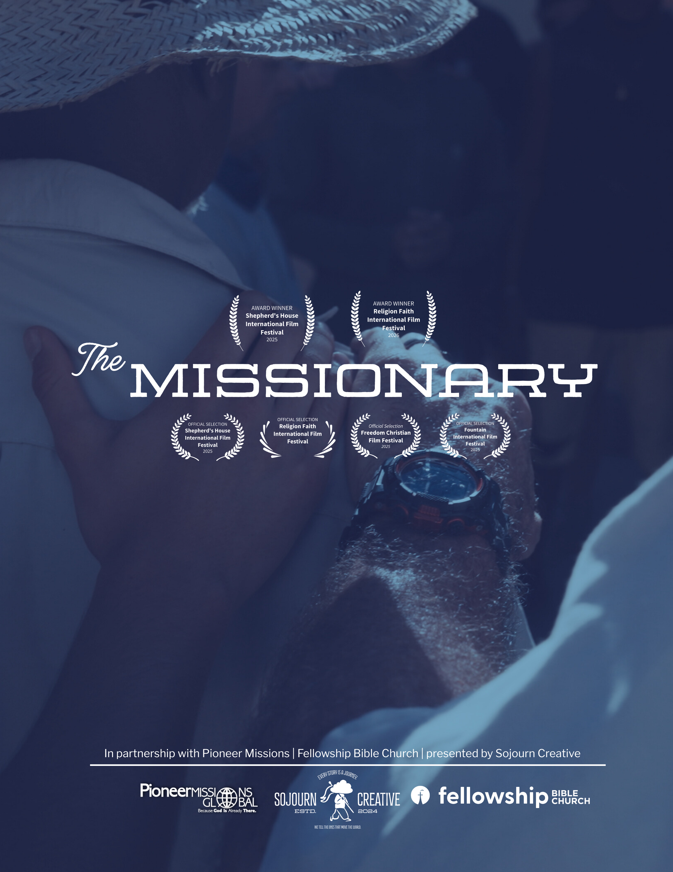 Close-up of a person's arm with a watch, holding a bible, surrounded by water with a swimming pool background, with the title 'The Missionary' and awards and sponsorship logos.
