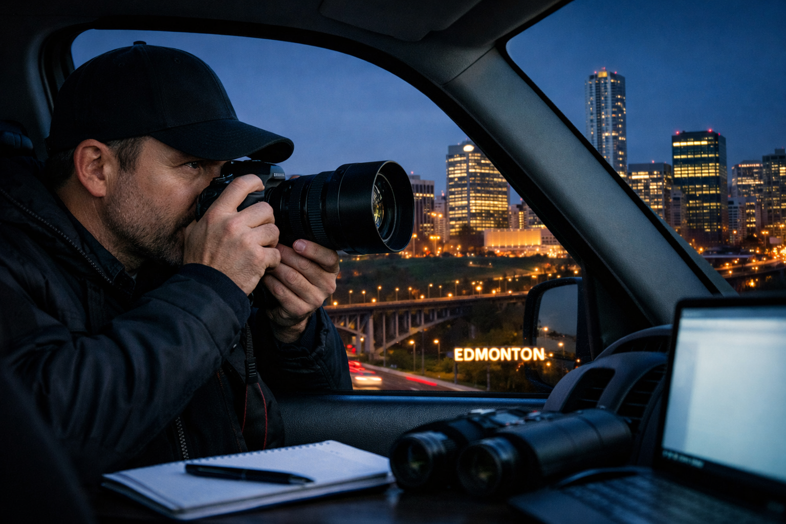 A man with a black cap and jacket taking photos with a camera from inside a vehicle at night, with a city skyline and illuminated sign that reads 'EDMONTON' outside the window.