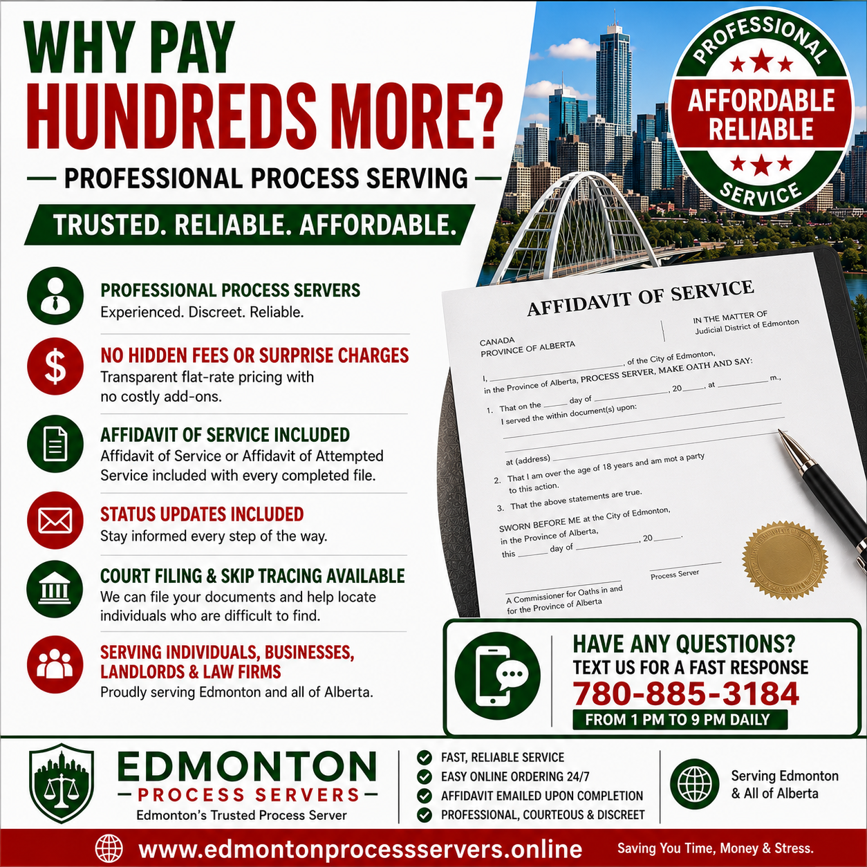 Save hundreds of dollars with Edmonton Process Servers.  Why pay more?  Affordable and professional process servers in Edmonton and Alberta. Save money, time, and stress.