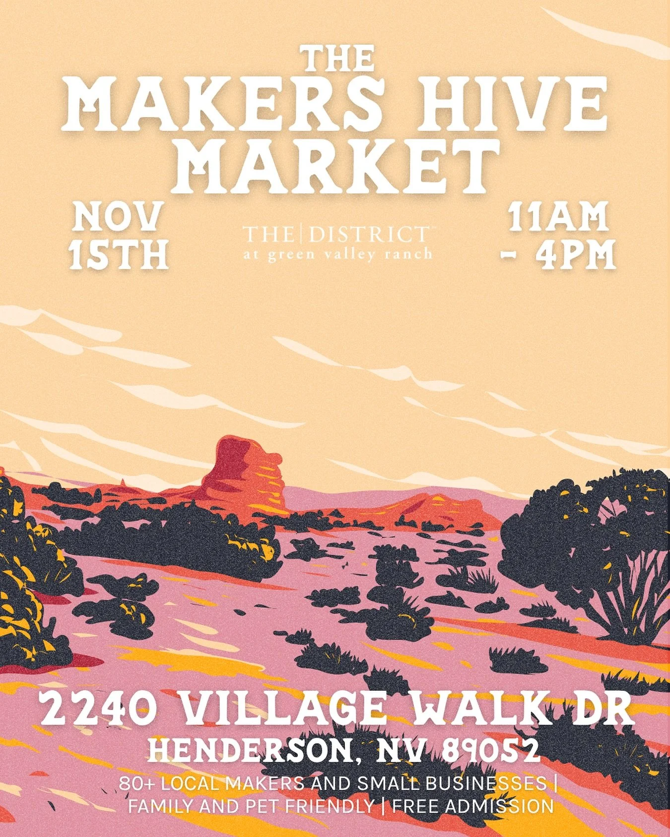 ✨ Mark your calendars for The Makers Hive Market @ The District! ✨
📅 Nov 15 | 11AM&ndash;4PM
📍 2240 Village Walk Dr, Henderson, NV 89052
🌵 Free admission | Family &amp; pet friendly | 80+ local makers

We love The Makers Hive Markets &mdash; every