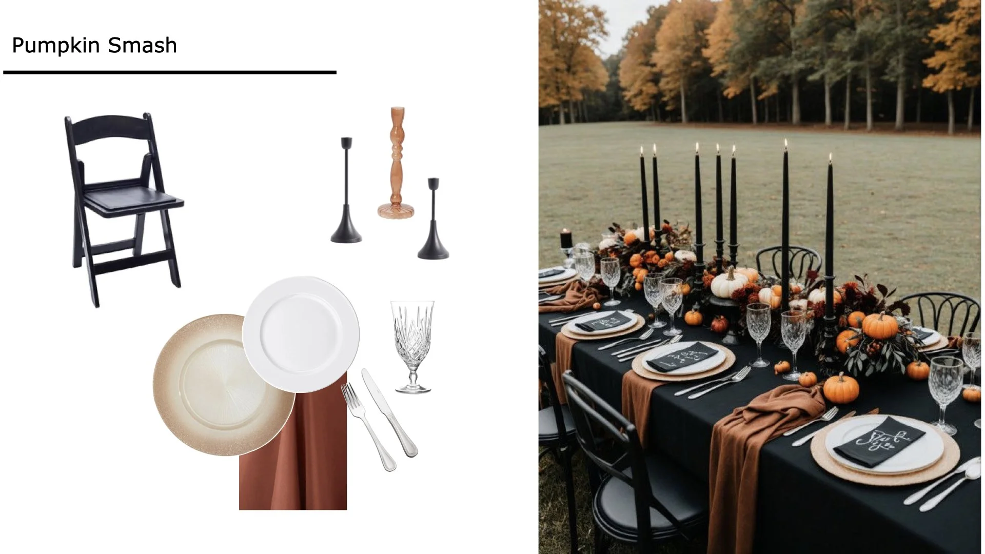 Design layout for an autumn-themed outdoor dinner table setting with black, orange, and white decor, including pumpkin accents and tall black candleholders.