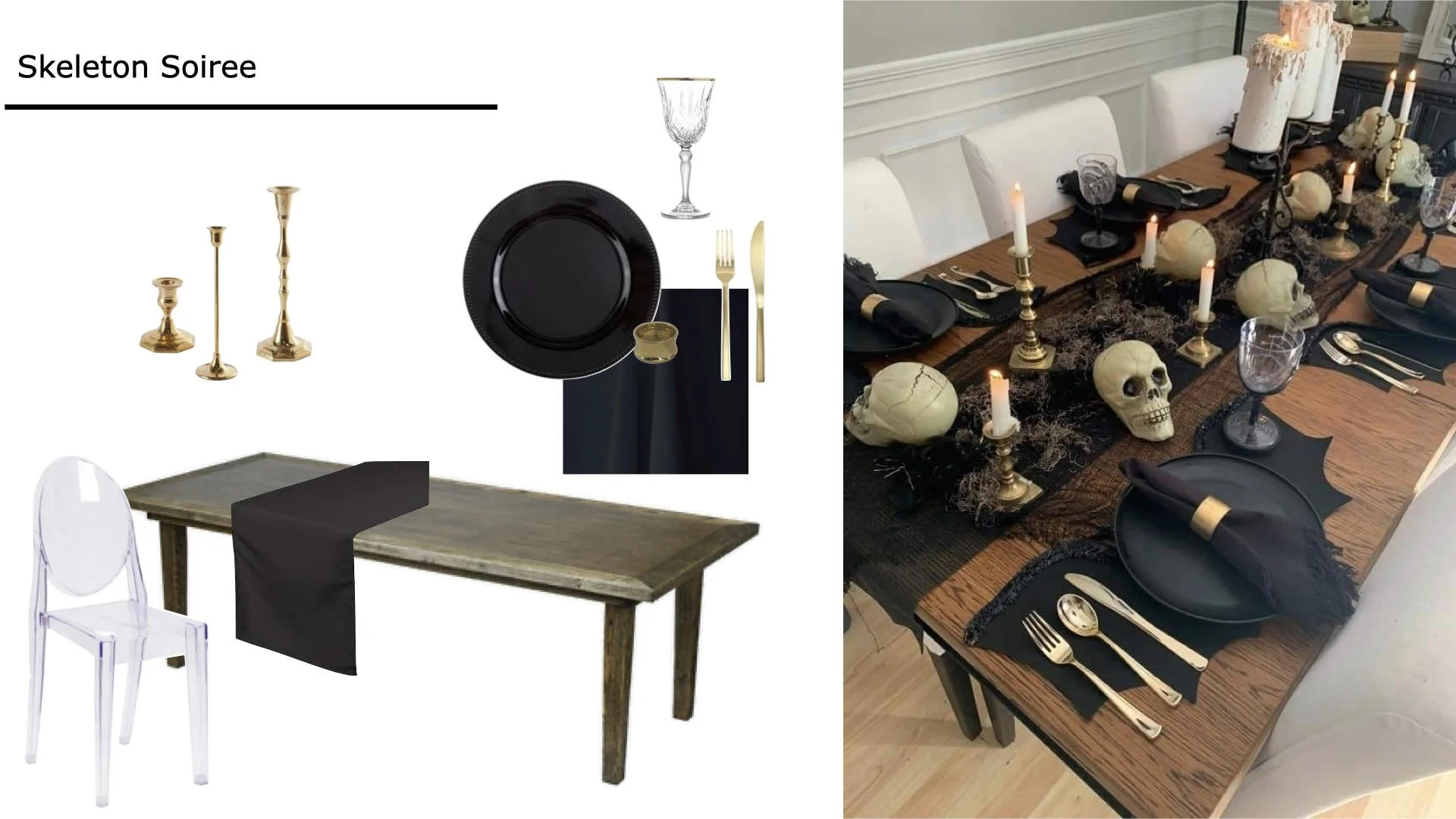 A Halloween-themed dinner table setting with skulls, black and gold accents, candles, and black dinnerware.
