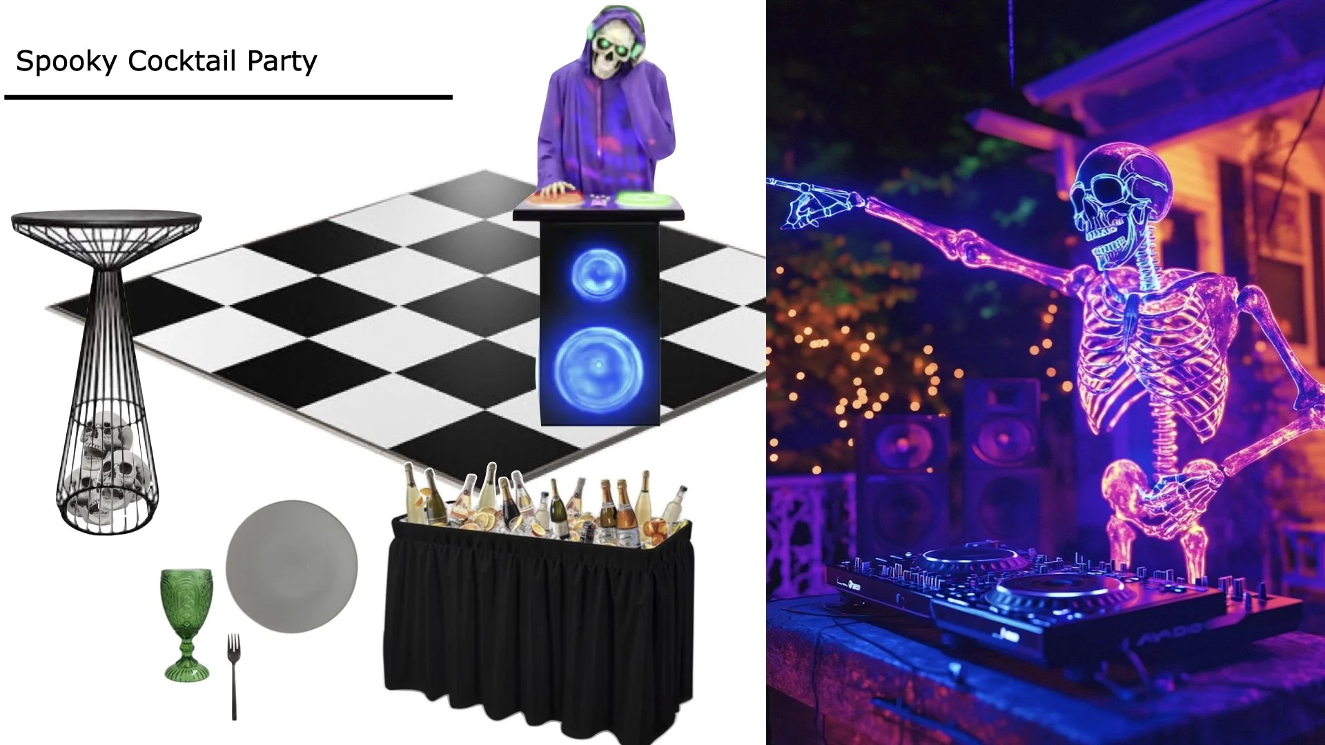 Left side shows decorations for a spooky cocktail party, including a black wire skull bottle, a gray plate, a green goblet, and a black table filled with bottles. There is also a checkered black and white dance floor with a person wearing a skeleton mask and purple hoodie standing behind a DJ setup with glowing blue lights. The top left corner reads "Spooky Cocktail Party." Right side features a neon-lit skeleton DJ spinning music outdoors under purple and orange lights, with speakers in the background.