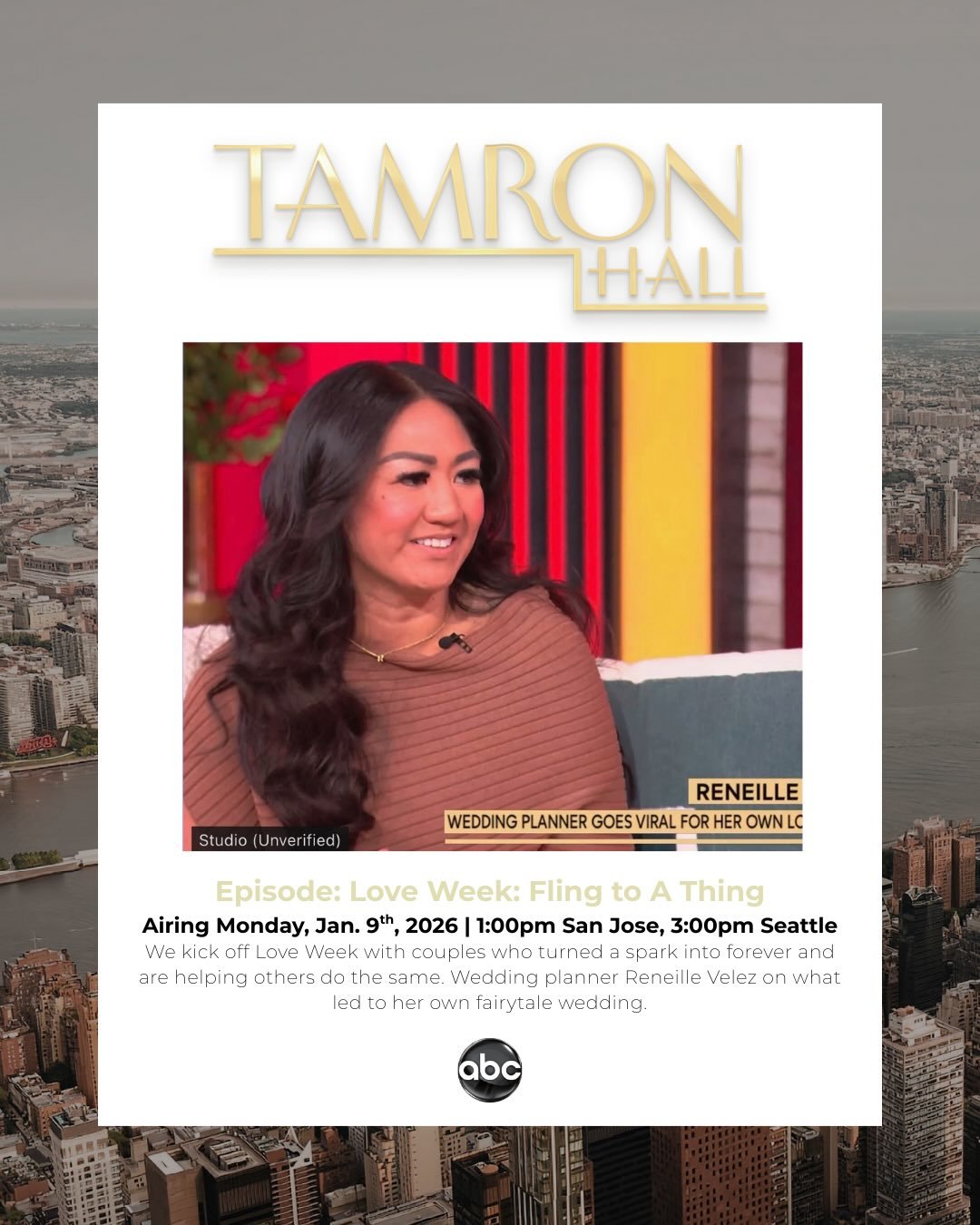 Word is out! 📣 Our founder @reneille will air on @abc @tamronhallshow Monday, February 9th for Love zeeek. Watch today on ABC or @hulu at 1:00pm San Fran, 3:00pm Seattle (link in bio for local air times). Reneille will speak about her love story and