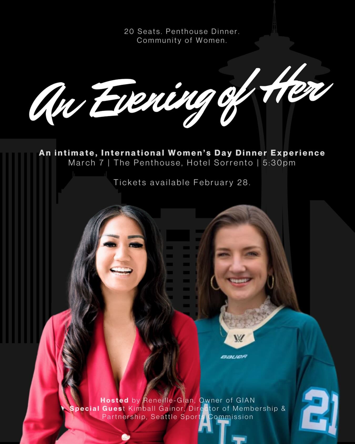 20 Seats.
Penthouse Views.
Celebrating Women.

Join GIAN for an intimate dinner at the Penthouse in @hotelsorrentoseattle in celebration of International Women&rsquo;s Day. This seated dining experience will be a night of delicious food, community an