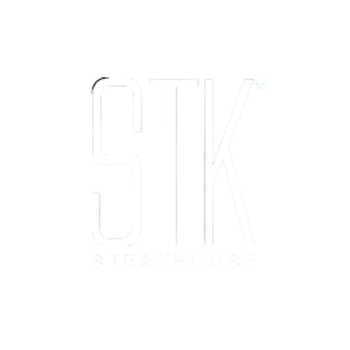 Logo for STK Steakhouse with large white letters STK and smaller text 'STEAKHOUSE' on a black background.