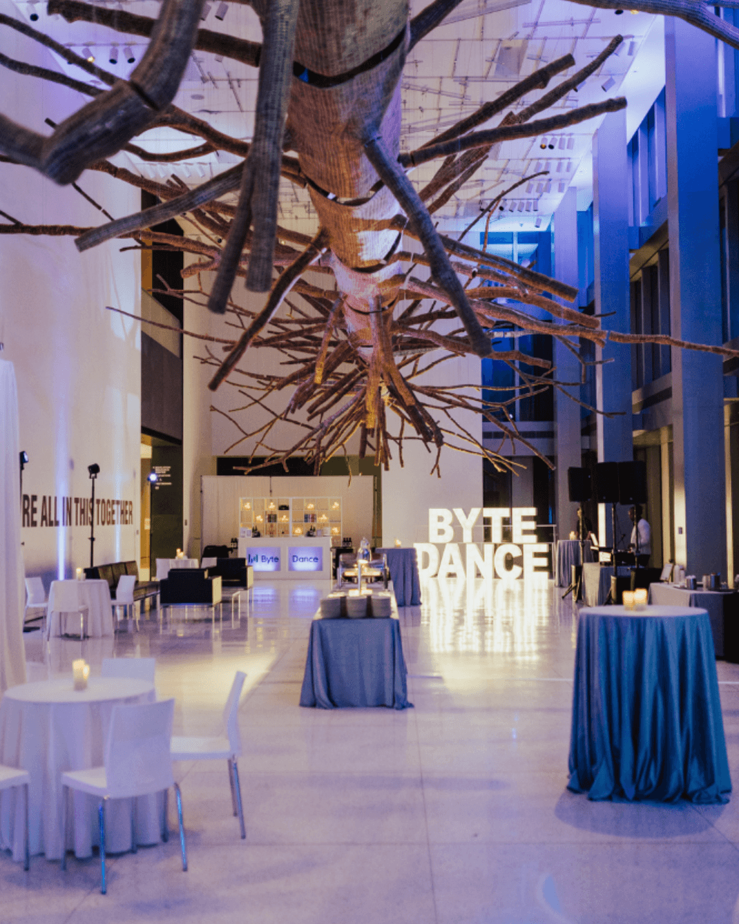 Corporate event design with custom branding installation and modern decor at ByteDance event