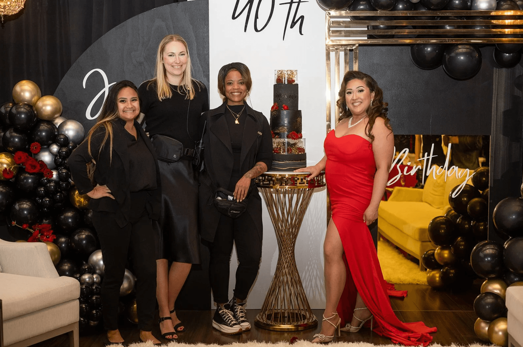 Gian Events team and client at a luxury birthday celebration with custom event design, balloon installation, and cake display