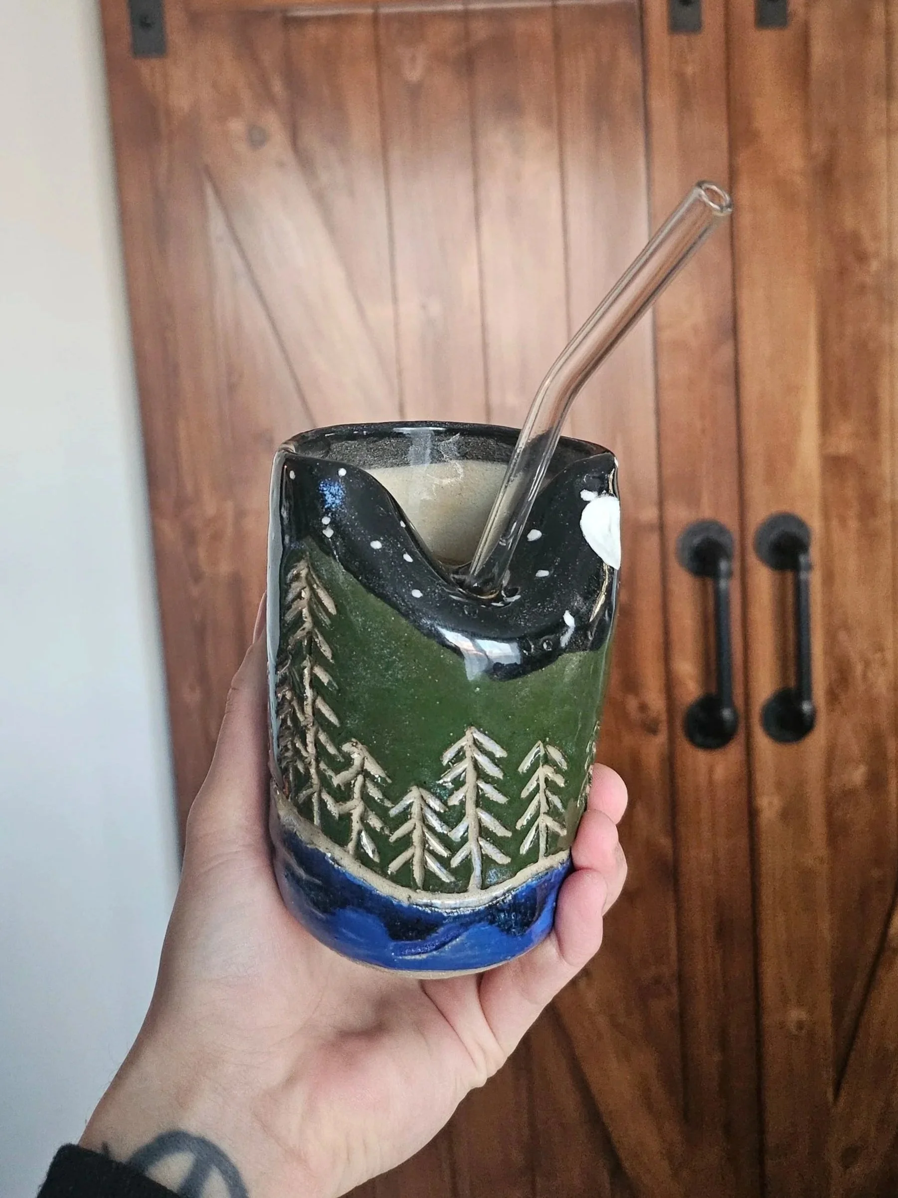 Beautiful, Hand-Carved Forest Scene To Go Cup With Straw