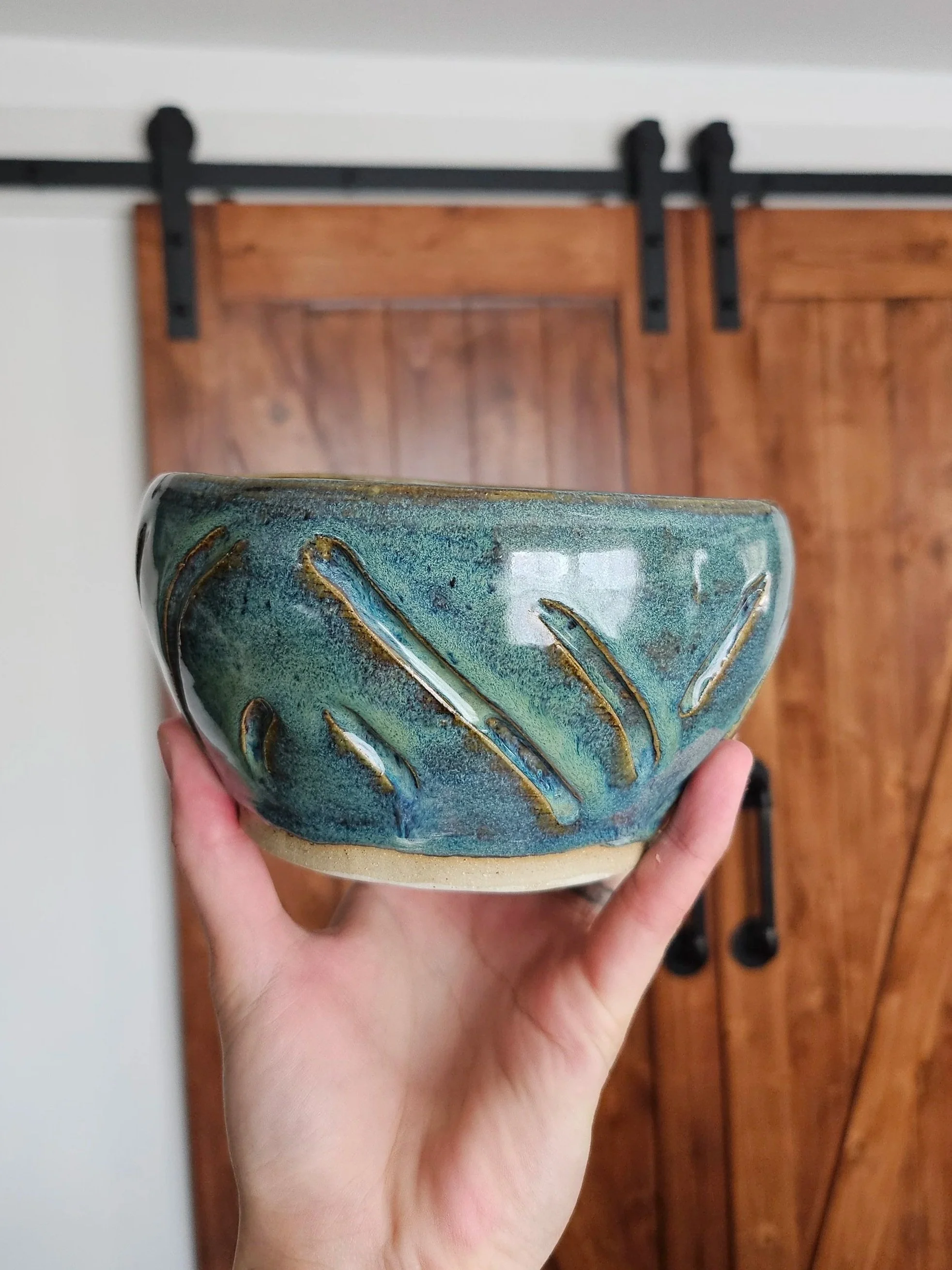 Beautiful Carved Green-Blue Dinner Bowl